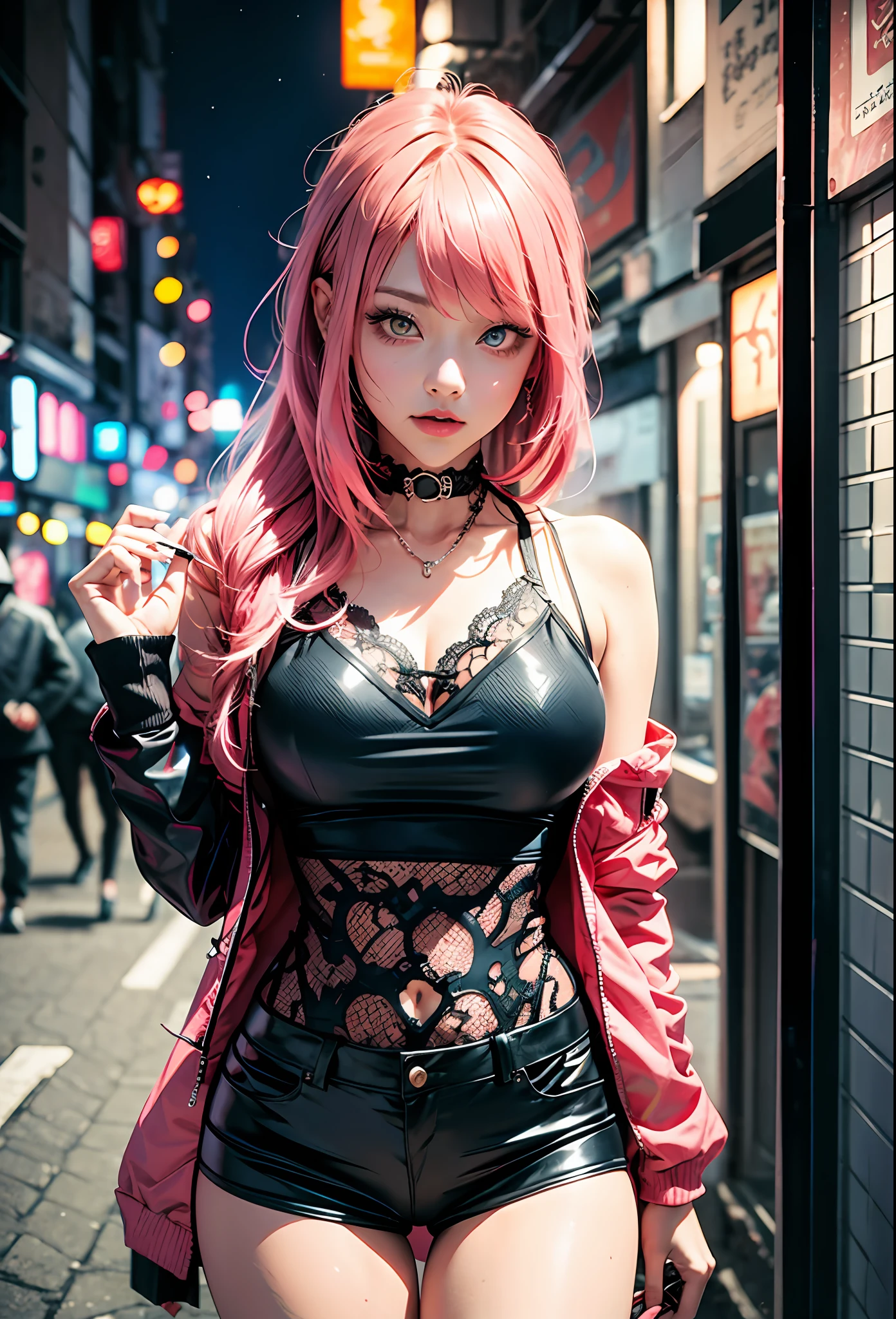 black pink,sexy girl with pink hair blue eyes,in the background japanese city at night,