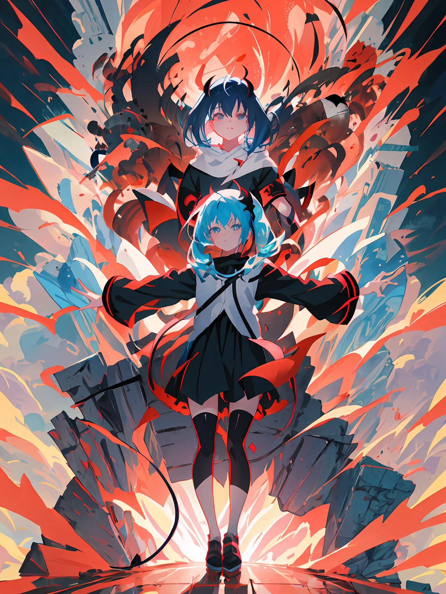 Anime girl with blue hair and black dress standing in front of a red explosion, demon anime girl, Kill Pull Kill illustration, style of anime4 K, mika kurai demon, Demon Girl, Anime epic artwork, demon slayer artstyle, Anime artwork, Anime fantasy illustration, Anime style artwork, demon slayer rui fanart, Anime fantasy artwork, zerochan art