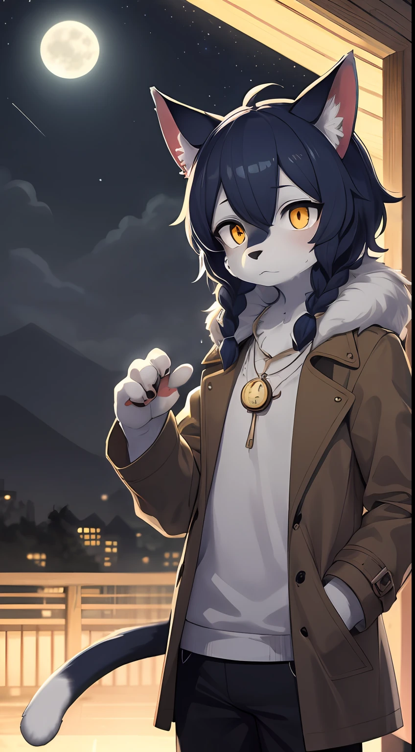 Cat boy,hairy pubic,shaggy,Skin fur,Smoothes lashes,Indigo fur,Forelimb hands,Short hair in men, Low twin braids' hair is scattered,solid circle eyes,Indigo ears,Indigo fur,Indigo facial fur,Short indigo hair,Hairline, Shiny hair, Wavy hair,Golden eyes,Super cute face,Cat tail,Fluffy tail,Furry tail, Expressionless,Glowing eyes,Pocket watch in hand,Brown cape,Brown trench coat,ambient lights,Ultra-fine fur,volumettic light,dashed eyes, bangs, Stargazing,lightand shade contrast, hyper HD, 巨作, High quality, High details, Under the rain,In the rain,Drizzle,Wet with rain,Wet hair,rainy outside,Best quality,Castle background,A sky full of stars,meteors,Night,full moon,Black trousers,Brown top