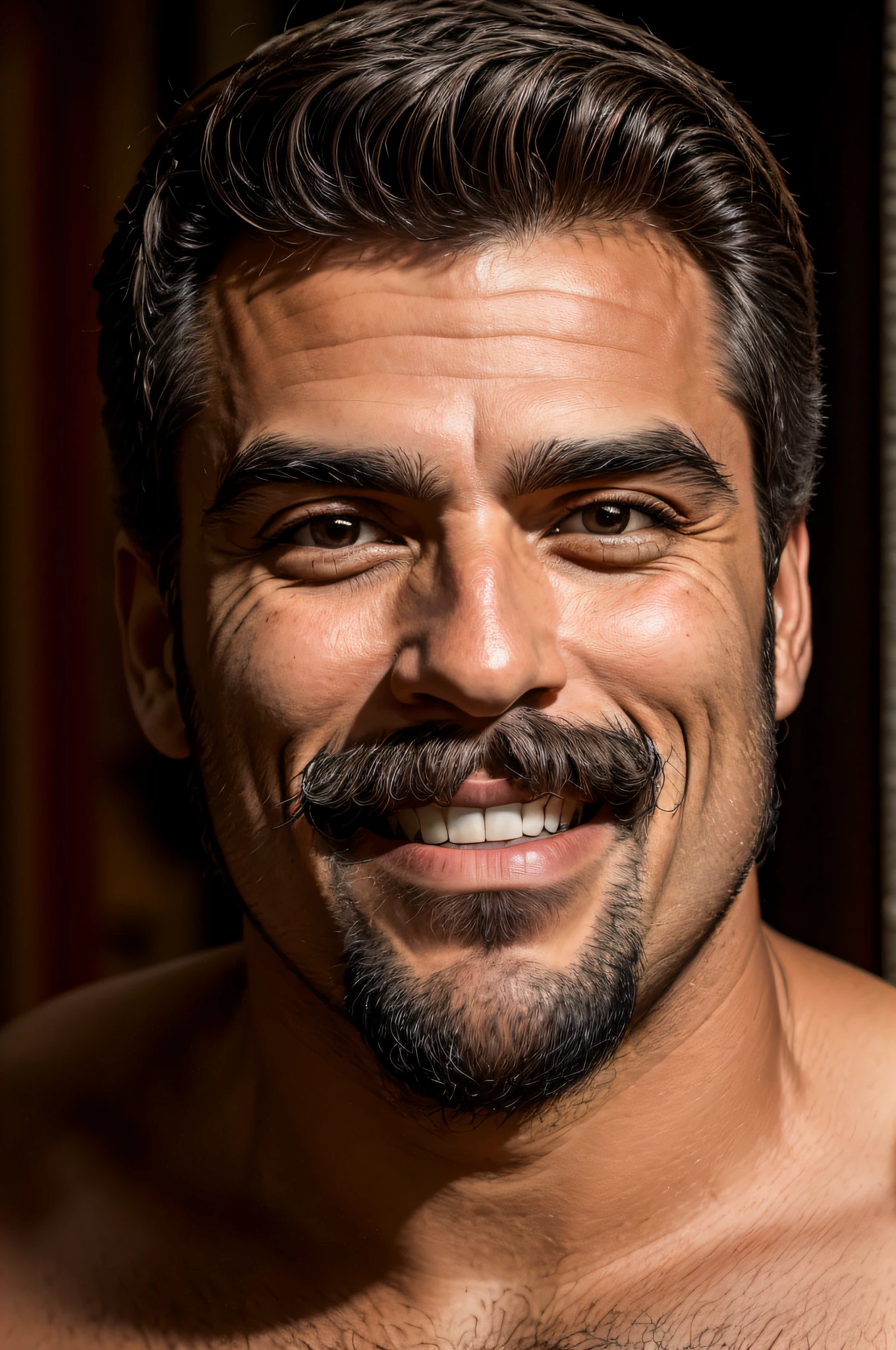 (obra-prima, fotorrealista, ..RAW,:1.4), (extremamente complexo:1.2), Close-up, cinematiclight, frontlighting, ultra high-resolution, melhor sombra, .RAW, parte superior do corpo, retrato frontal de um homem de 50 anos com Bigode extravagante, (Photo from head to shoulders), Ele tem um bigode espesso e cheio de curvas, que se destaca em seu rosto. Pode ser um bigode estilo "guiador" ou "guiador" that catches everyone's attention, Sobrancelhas Arqueadas, His eyebrows are naturally arched, giving him an expression of constant surprise, They are thick and seem to have a life of their own, adding a comedic touch to your face, Olhos saltados, Their eyes are large and seem to jump out of their sockets, olhosbem detalhado, ((olhos pretos bem abertos)), They have an exaggerated and shiny appearance, como se estivessem sempre prontos para surpreender ou se impressionar com algo, Nariz proeminente, His nose is large and has a peculiar shape, seja com uma ponta arredondada ou curvada, He is the center point of your face, adding a fun and unmistakable element to your appearance, queixo quadrado, His chin is wide and square, giving it a robust and funny look, Ele se destaca em seu rosto, completando a caricatura de um divertido thiozon, Rugas exageradas, Ele tem rugas profundas e exageradas, especialmente ao redor dos olhos e boca, Essas rugas se destacam no rosto e enfatizam o relaxamento, personalidade bem-humorada, sorriso contagiante, His smile is wide and endearing, Ele tem dentes bem grandes e talvez um pouco desalinhados, But this only adds to the charm of your smile and makes everyone around you smile together, (Ele tem pele oleosa e um pouco bronzeada), (((Ultra realista))), (((Ultra Detalhado))), 8k --without glasses --air 16:9 -- s 750