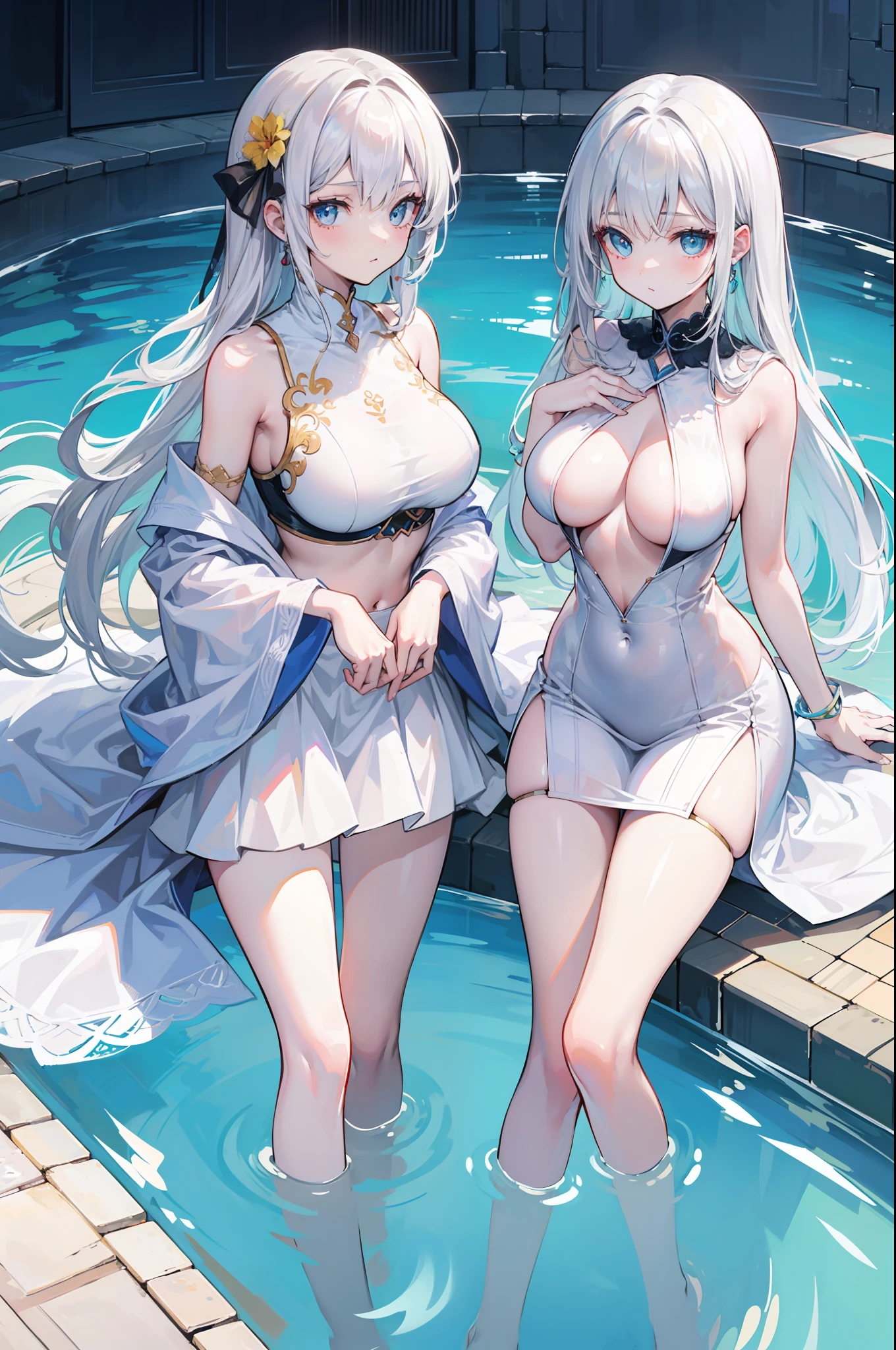 tmasterpiece,Best quality at best,high qulity,Kizi,eBlue eyes,White hair,Very long hair,pool,Lower body in the pool,shift dresses,white clothes,smallunderboob,The golden ratio of figure,Skin brightening,The clothes are partially immersed in water,big breasts beautiful,light make-up,Anime comic style,succinct