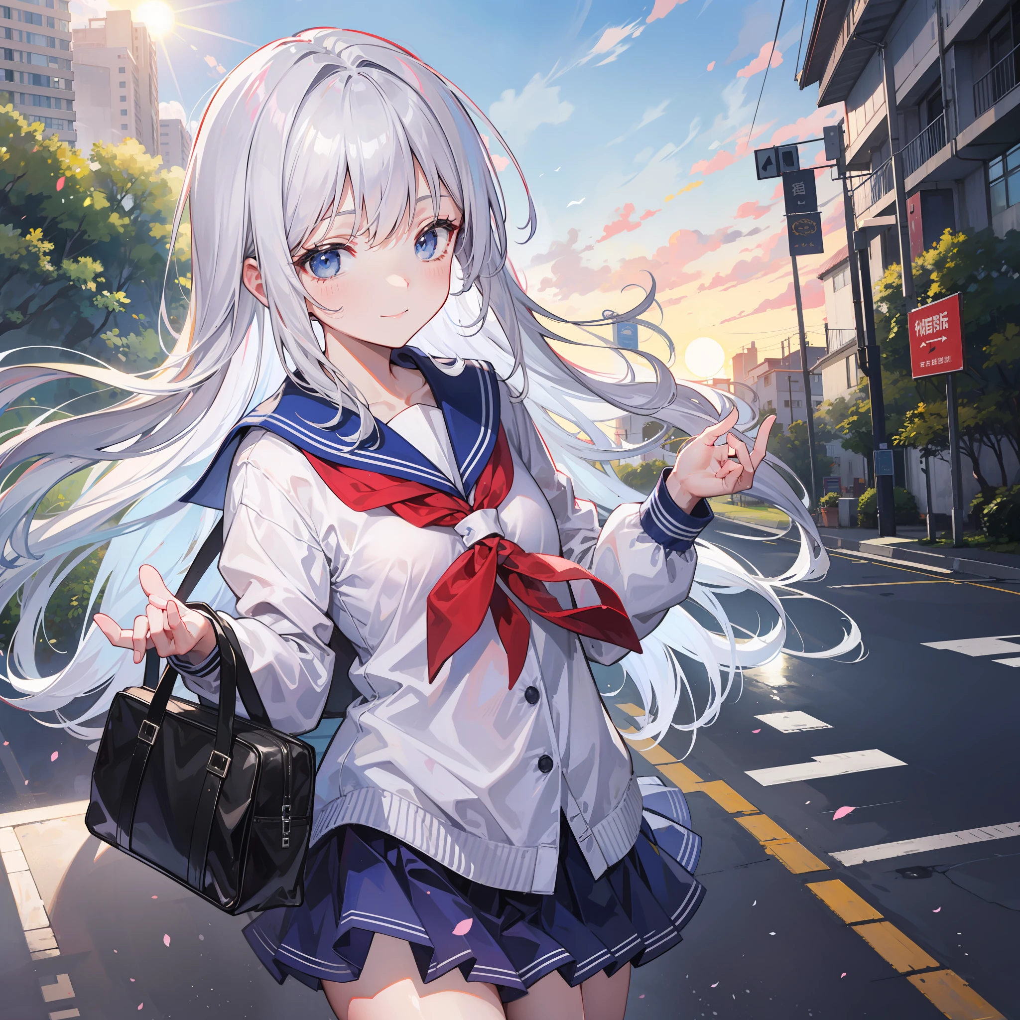 school ground，Senior sister，a sailor suit，and the sun was shining brightly，ssmile，Tall and tall
