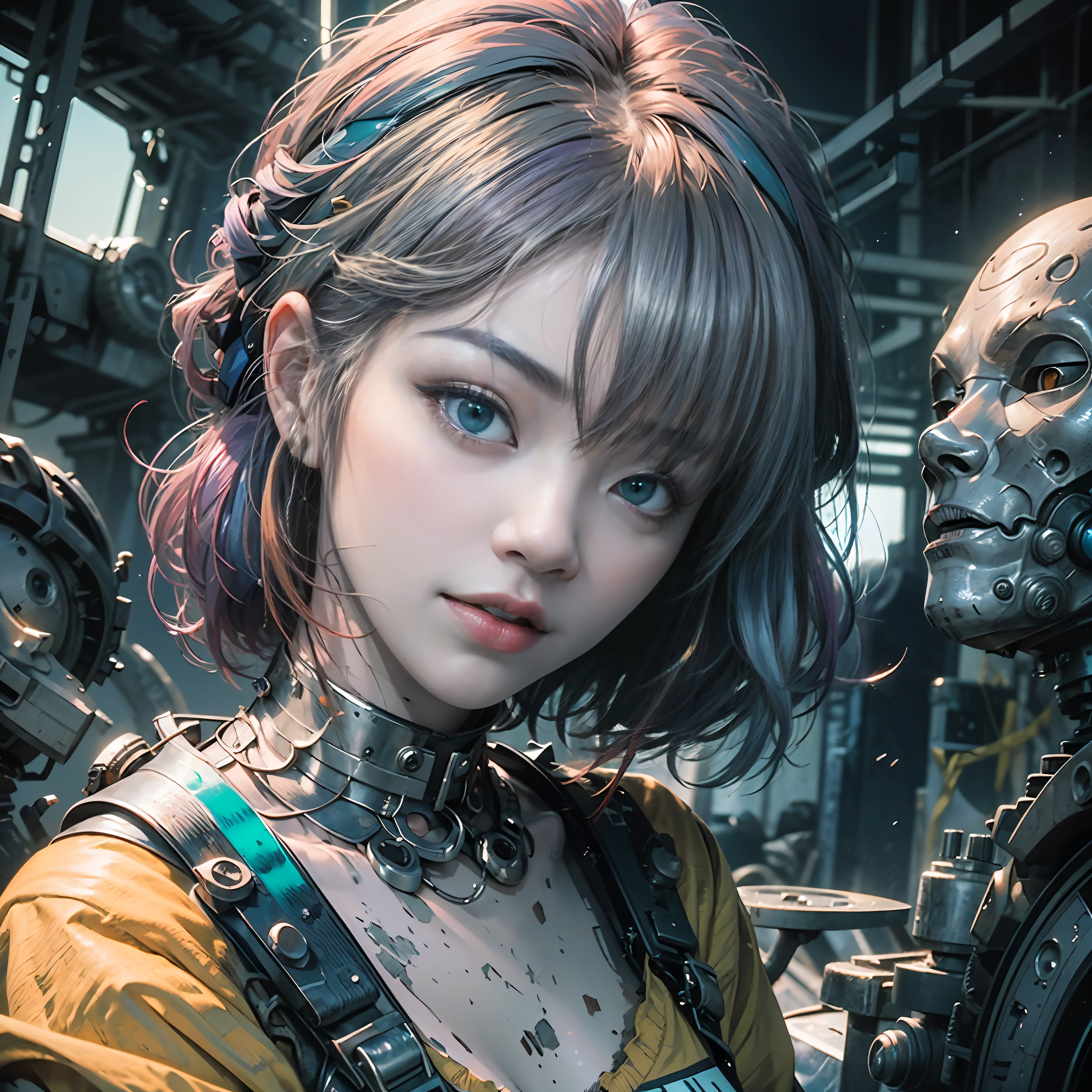 "Super masterpiece"，Best Picture Quality，Super detailed CG Unity 8K wallpaper，The best illustration style，A beautiful one、floatking、A high resolution、dynamic angle、Dynamic posture、Girl with blue eyes，(Colorful hair+Silvery hair:1.3+red tinted hair:1.2+Purple colored hair+Yellow hair:1.3+Green hair:1.3)，Beautiful face，Abandoned metropolis，Expansive picture。 --auto