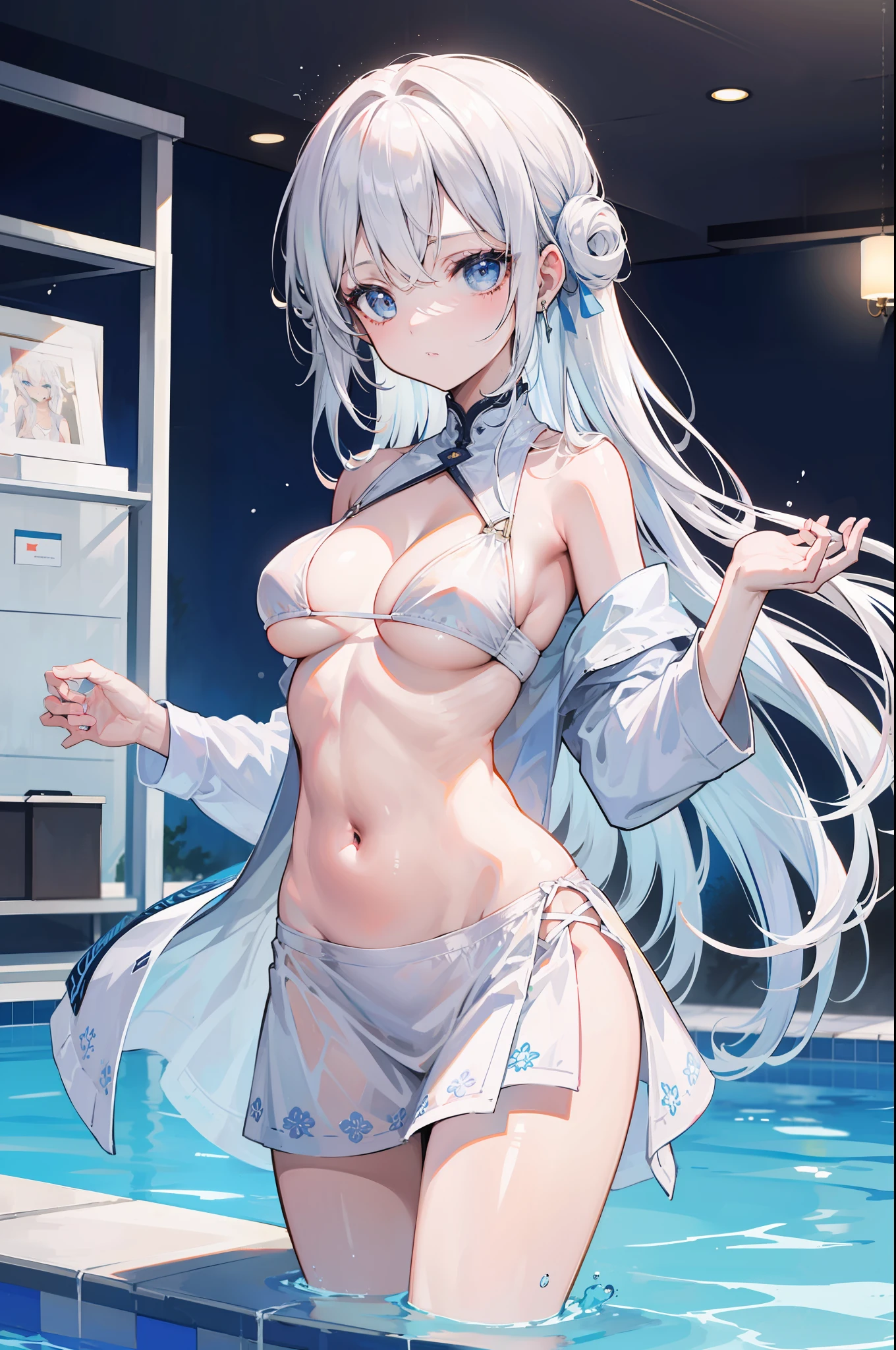 tmasterpiece，Best quality at best，high qulity，Kizi，eBlue eyes，White hair，Very long hair，pool，Lower body in the pool，shift dresses，white  clothes，smallunderboob，The golden ratio of figure，Skin brightening，The clothes are partially immersed in water，big breasts beautiful，light make-up，Anime comic style，succinct