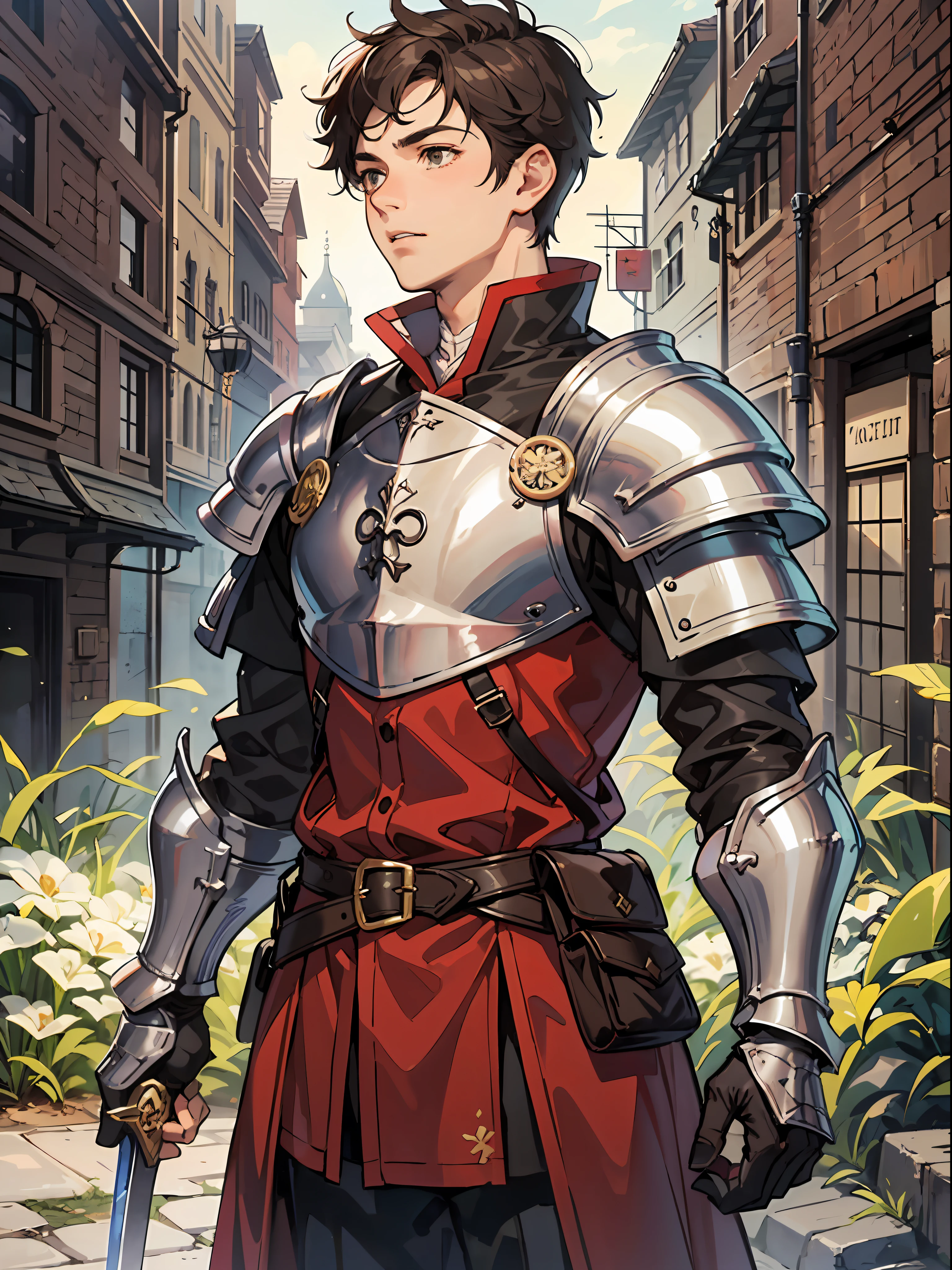 a 17-year-old teenage boy, 1 boy as a swordsman, sword, brown short hair, brown short hair parted in the middle, man's short hair, without a beard, without a goatee, no facial hair, silver colored medieval knight armor, red clothes, war, battlefield