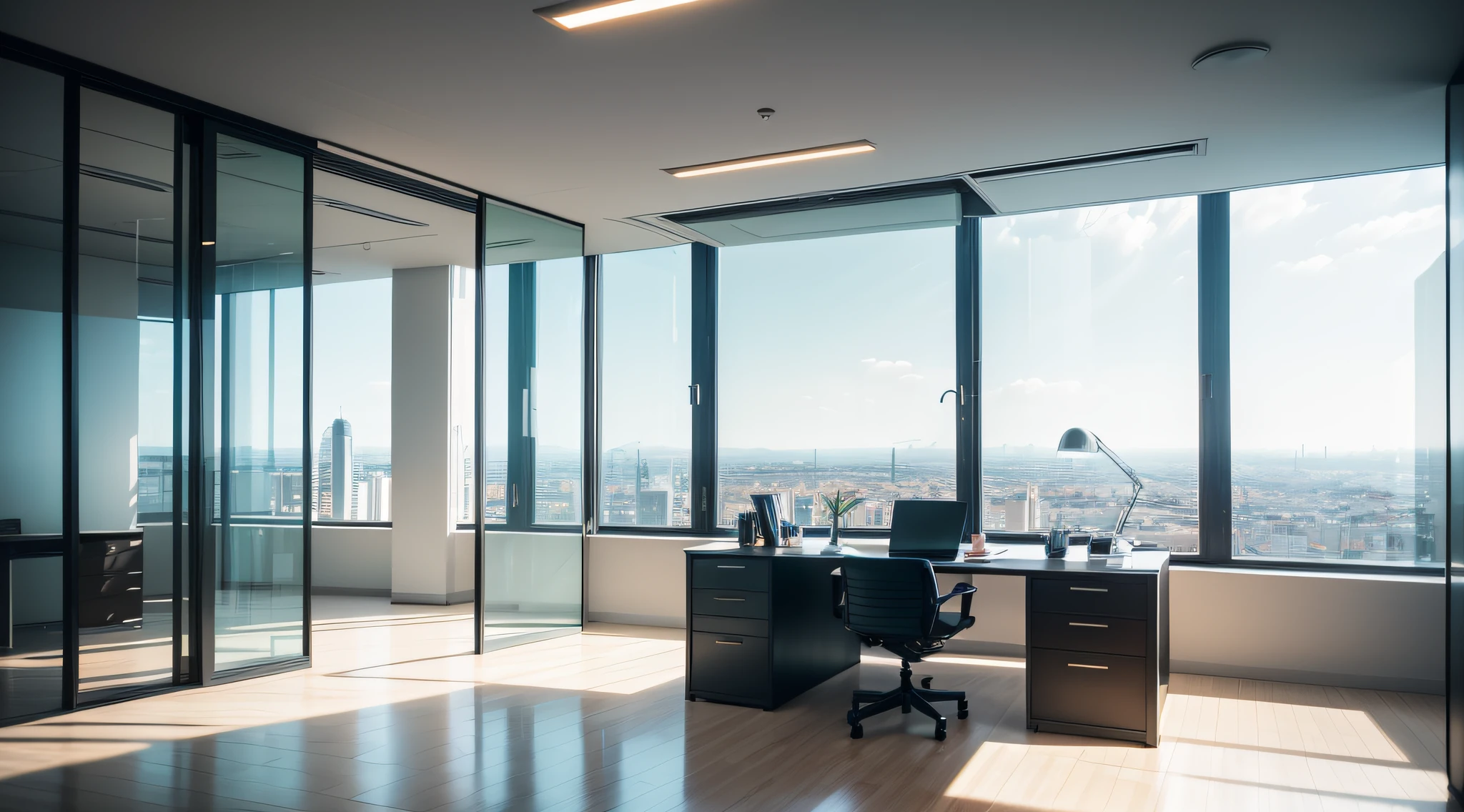 A modern and minimalist office with a panoramic view of the city, uma mesa elegante de madeira com um laptop aberto, um vaso de plantas adicionando um toque de verde, floor-to-ceiling glass windows bringing plenty of natural light, Fotografia, lente grande angular --auto