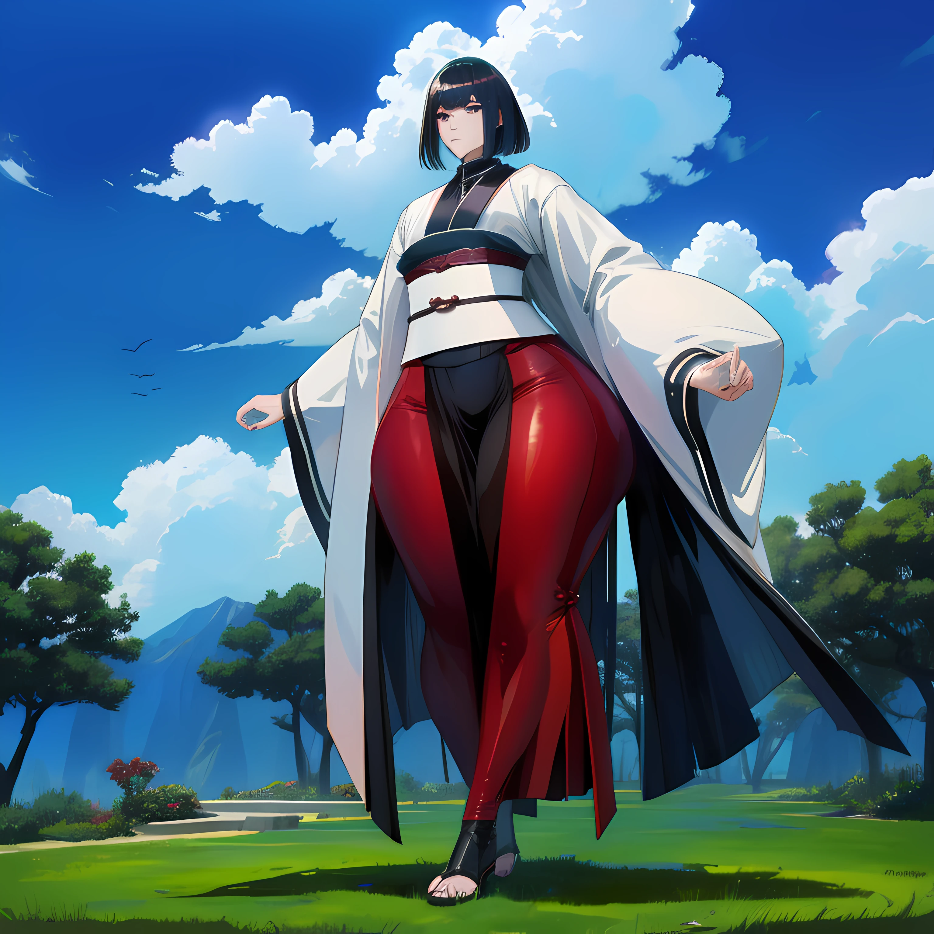 (full body), bottomheavy, huge ass, gigantic ass, thick thighs, massive thighs, hyper thighs, (extremely wide hips:1.4), solo, unohana, (background: ambient lighting, scenery, plant decor, backyard, dynamic blue sky, dynamic clouds)