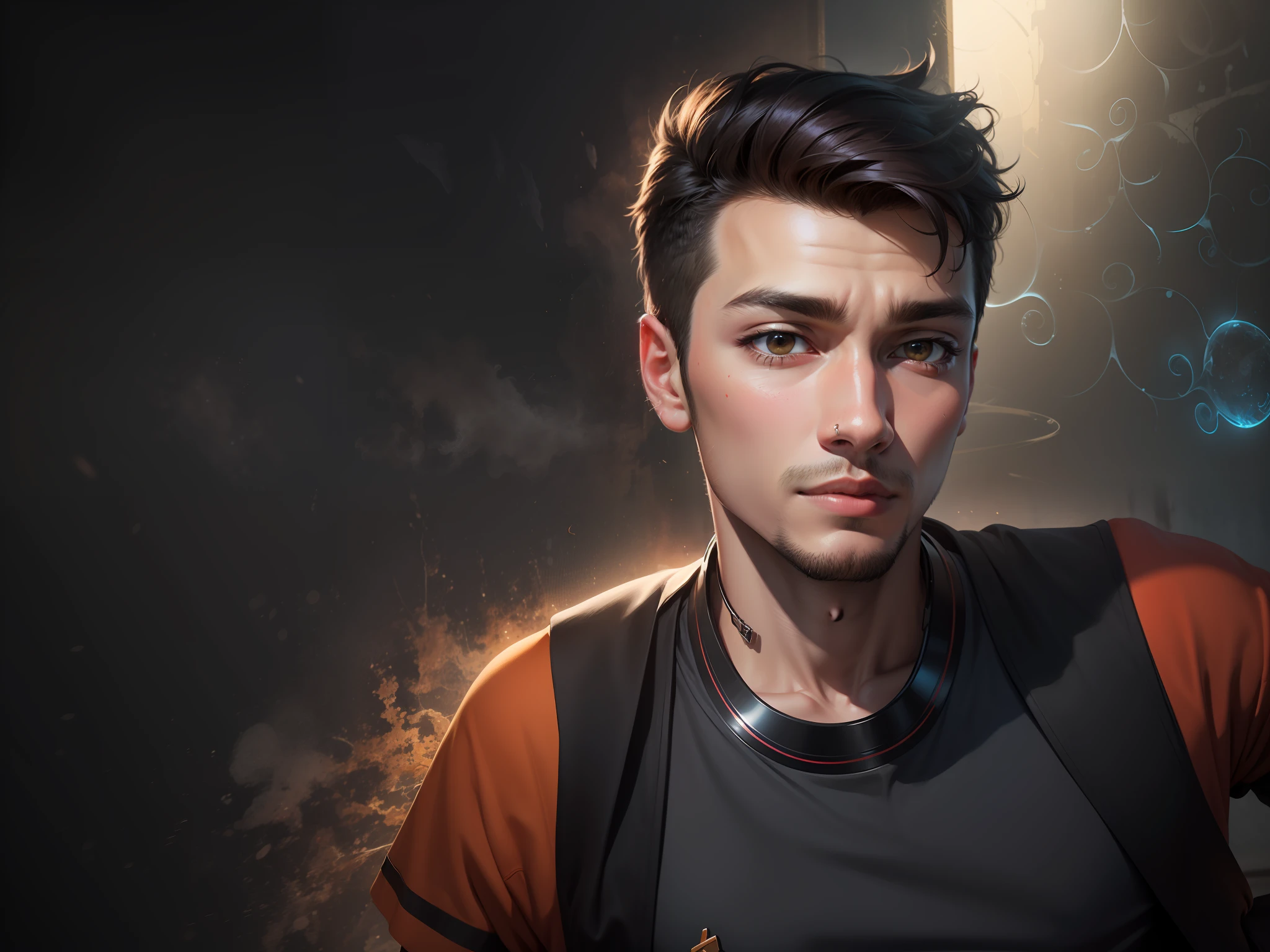 Change background cyber prunk handsome Boy realistic face with ai orange and pink and blue colour