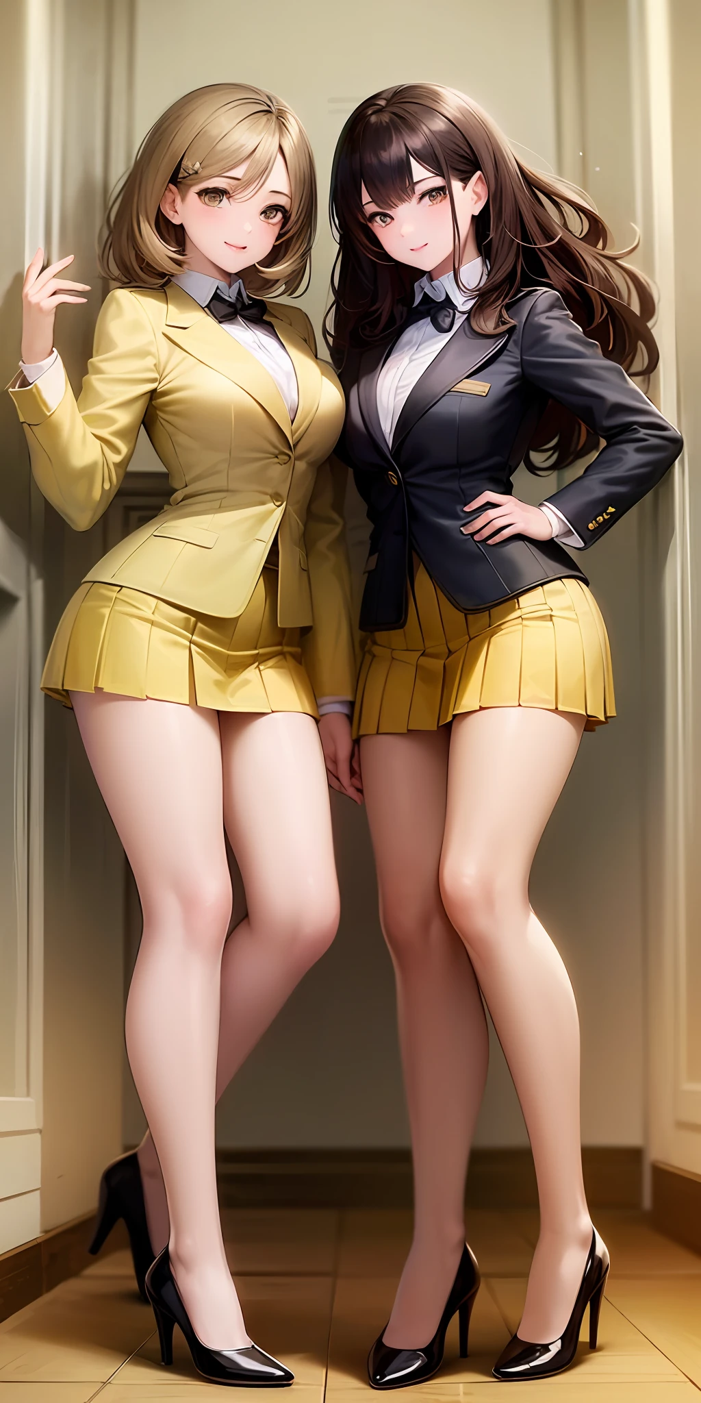 ((Masterpiece, highres)), 2girls, duo, twins, ((one brown haired girl, one blonde girl)), long hair, curly hair, matching hairstyles, different hair color, confident, elegant, rich girls, proud smiles, (((matching outfits, identical outfits, yellow school uniforms, sexy school uniforms, yellow blazer, yellow short skirt, white thighhighs, long white socks, black high heels)))