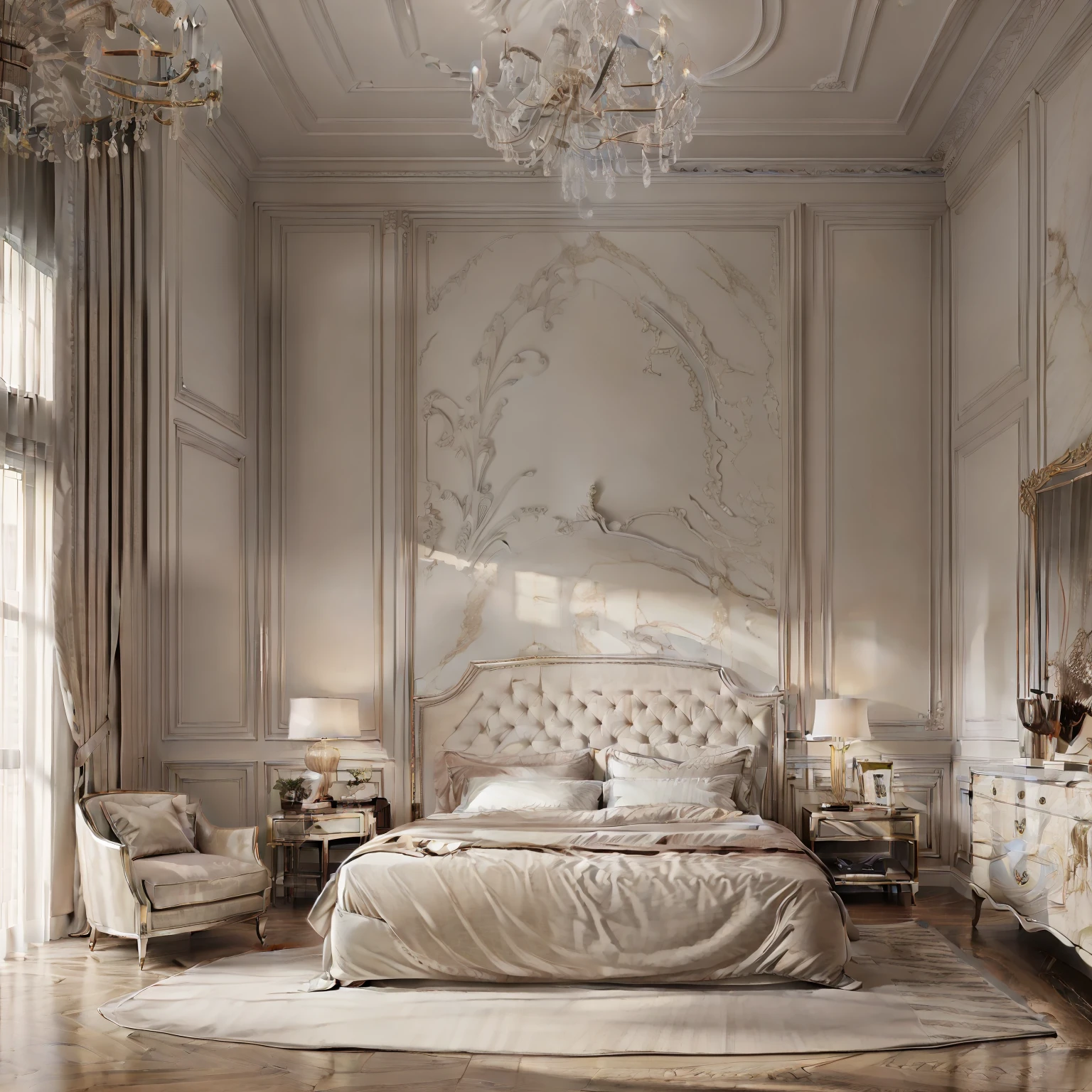 ((Best quality, 8k, Masterpiece :1.3)), neoclassic bed room, magic light, cinematic light, shimmer, glamour