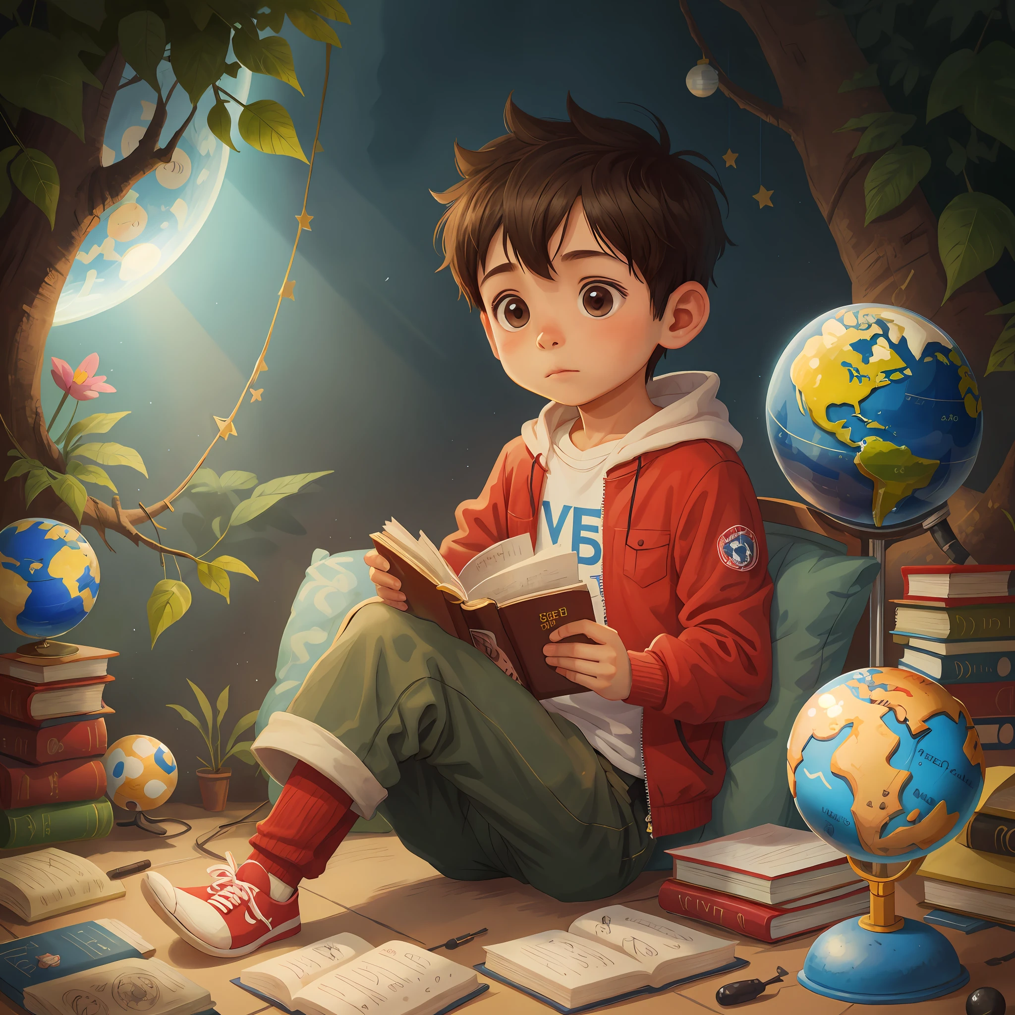 A sits on the globe reading a book