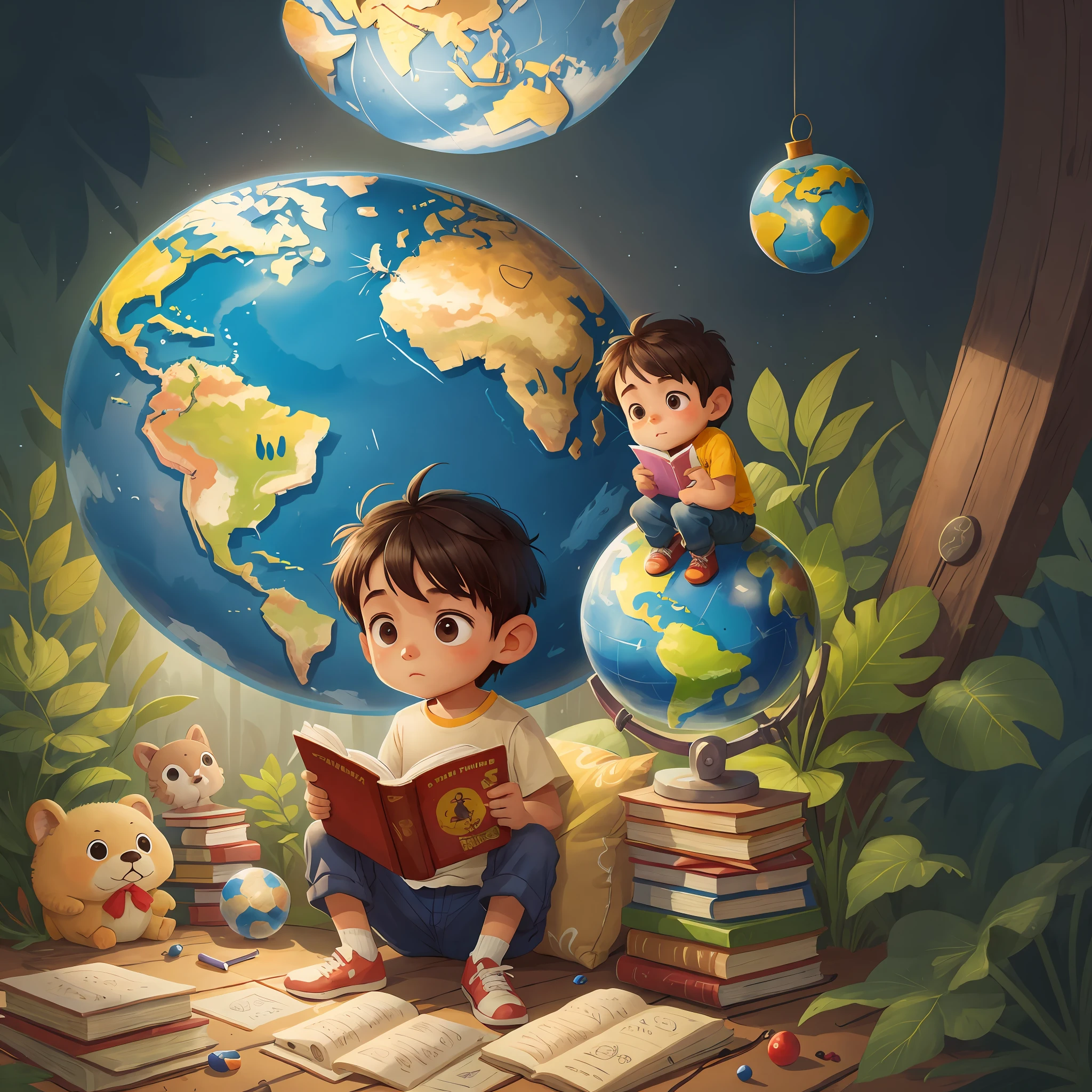 A little boy sits on the globe reading a book