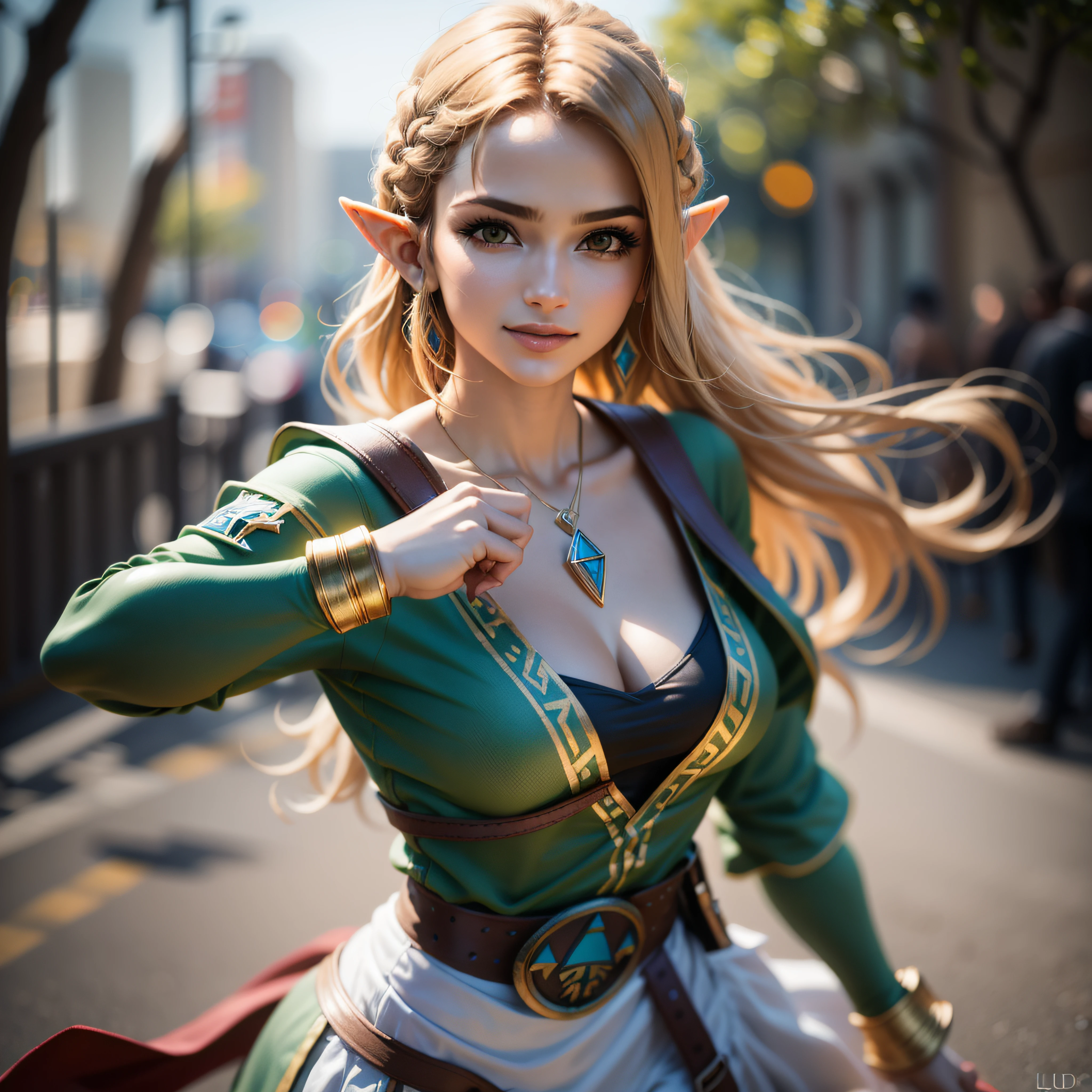 Mulher de cabelos loiros em roupa azul e bege segurando em poses de combate como em street fighter, lutando como em street fighter 2, guerreira, Zelda, Retrato de Zelda, de lenda de Zelda, Link da lenda de Zelda, link do Zelda, Fotos cosplay, Cosplay ornamentado, Cosplay profissional, Cosplay, Cosplay Completo, Artgerm Moody Fotografia, Princesa Zelda, Zelda como Triforce, Hyrule, Anime Garota Cosplay, ray-traced, 3d-render, extremanente detalhado, alta qualidade, Luz e sombra realistas, cabelos loiros, eye reflection, Sorriso leve, ray tracing, ray tracing, High detail, realismo, hiper-realismo, profundidade de campo, cinematic lighting, desfoque de movimento, brilho, luz brilhante, raios de deus, ray tracing, reflection light, Afterimage, multiple views, Reflexo da lente, Bokeh, 4k, UHD, Masterpiece, anatomicamente correto, pele texturizada, Super Detalhe, alta qualidade, best quality, 8k