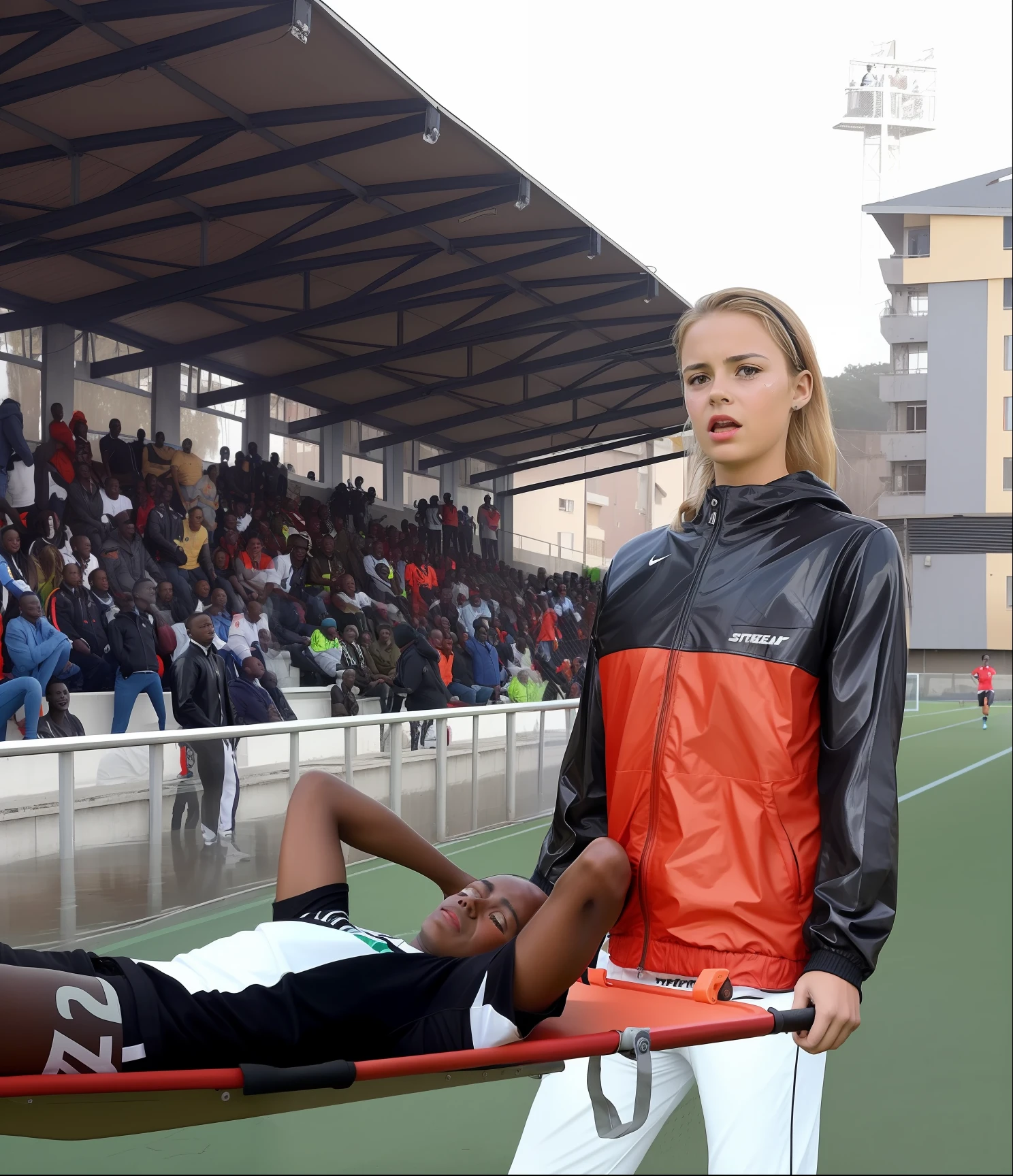 soccer, sports injury, theatralic erotic action, intense erotic scene, erotic pose, a love scene, interracial loving action, erotic, an injured soccer-boy in matte cotton sportswear is rearing up in pain on a stretcher, an injured soccer-boy in matte cotton sportswear is rearing up in pain on a stretcher that is carried by his african girlfriend, there is an attractive african girl in a deep black high-shine biker-jacket, a terrified but attractive african girl is evacuating her injured soccer-boyfriend from a soccer field, an injured soccer-boy in matte cotton sportswear is rearing up in pain on a stretcher while he is evacuated from the field of play by his very attractive african girlfriend, an injured soccer-boy is crying in pain, an attractive african girl in a wet deep black shiny plastic-jacket is giving first aid, dramatic action scene, first aid, injury, pain, agony, helping woman, woman carrying a man, an attractive african girl in a black shiny biker- jacket, an attractive african girl in a wetlook shiny patent-leather-biker-jacket with lipstick and madeup smokey eyes, a consciousless german boy in a cotton shirt and a matte jeans, an attractive african girl with lots of makeup in a very shiny wet black biker-jacket, an attractive african girl is wearing a shiny bikerjacket, an attractive african girl with smokey eyes, an attractive madeup girl in shiny leather with lipstick, an attractiveafrican girl is carrying a german boy, a matte clothed injured boy, a shorthaired boy with cotton t-shirt, a shorthaired boy needs to be carried while wearing matte sportswear