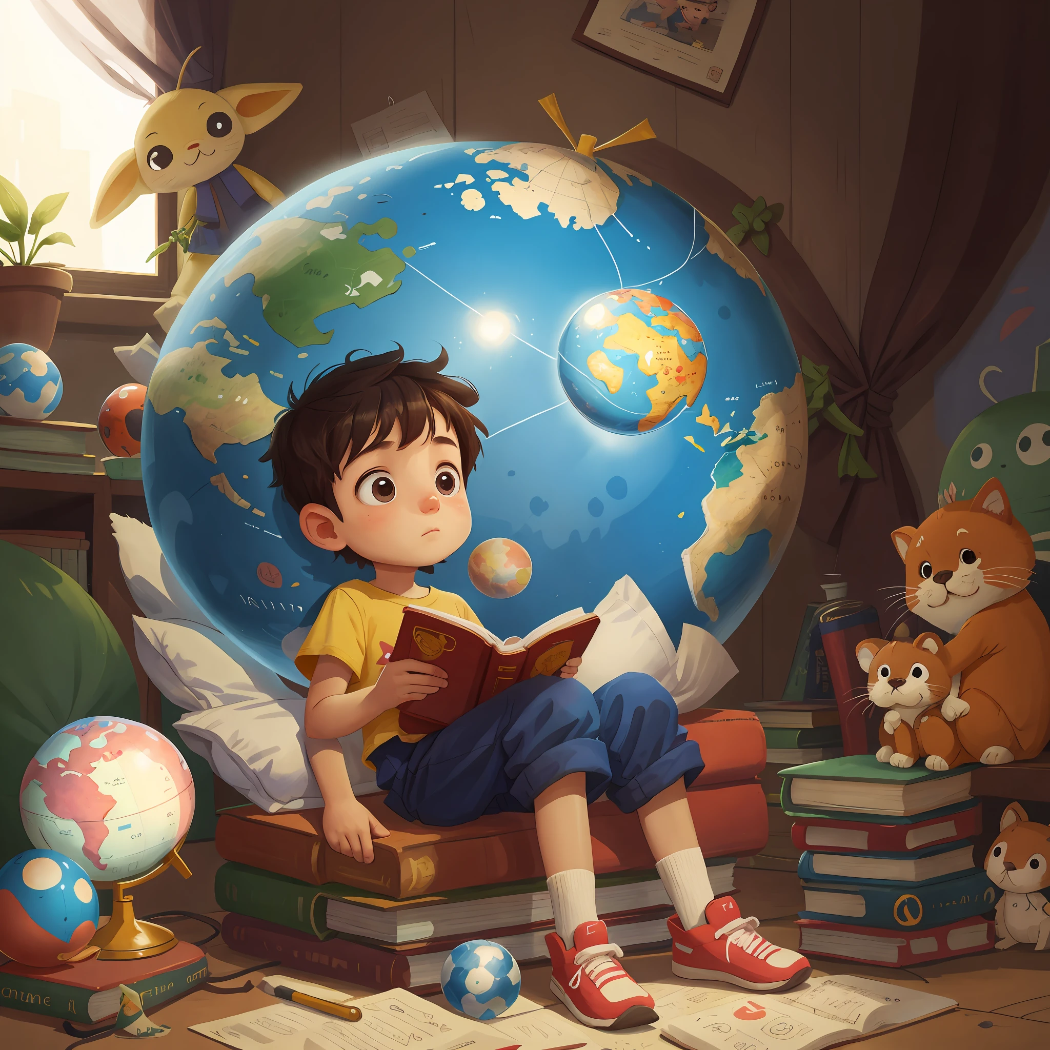 A boy sits on the globe reading a book