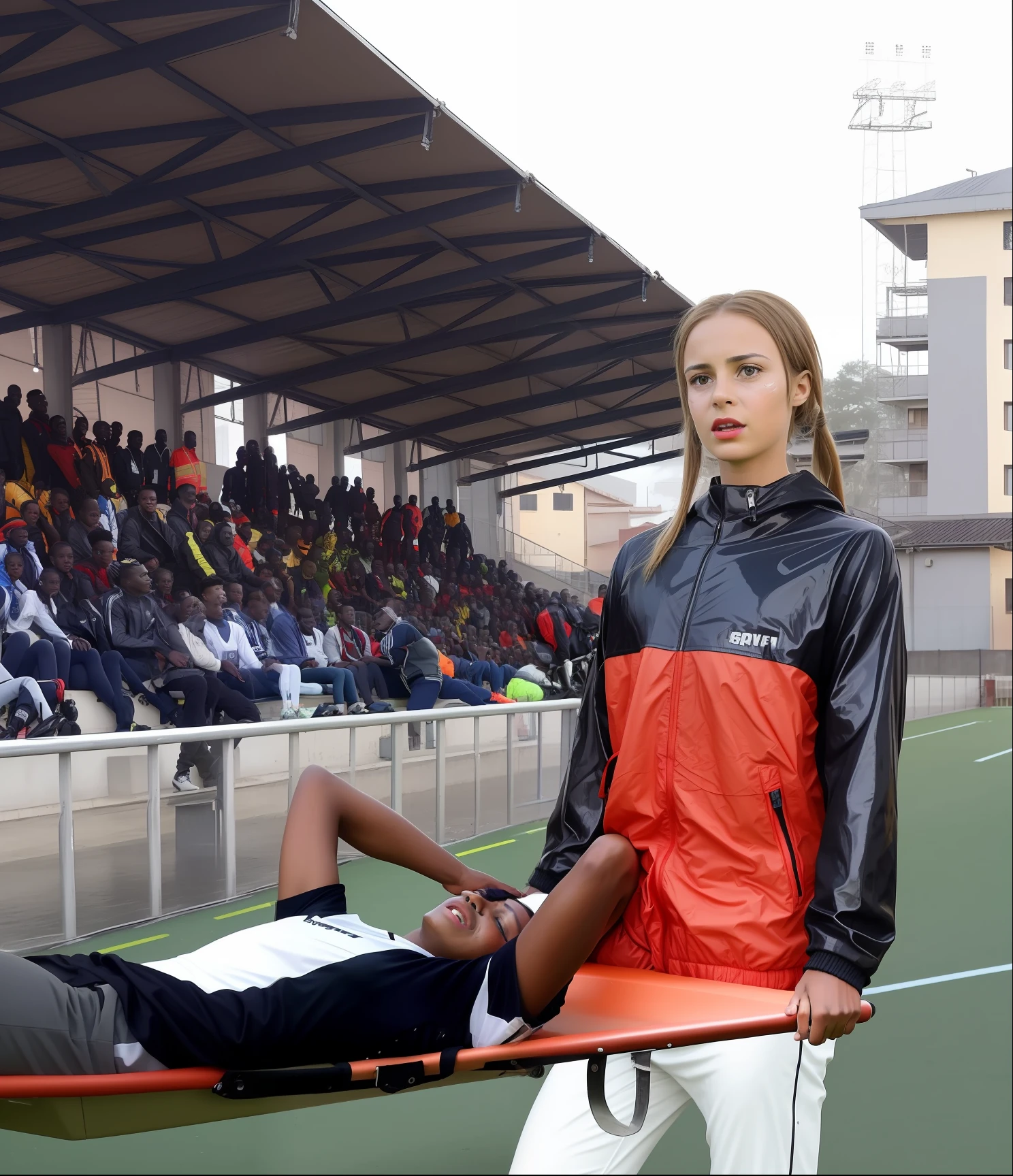 soccer, sports injury, theatralic erotic action, intense erotic scene, erotic pose, a love scene, interracial loving action, erotic, an injured soccer-boy in matte cotton sportswear is rearing up in pain on a stretcher, an injured soccer-boy in matte cotton sportswear is rearing up in pain on a stretcher that is carried by his african girlfriend, there is an attractive african girl in a deep black high-shine biker-jacket, a terrified but attractive african girl is evacuating her injured soccer-boyfriend from a soccer field, an injured soccer-boy in matte cotton sportswear is rearing up in pain on a stretcher while he is evacuated from the field of play by his very attractive african girlfriend, an injured soccer-boy is crying in pain, an attractive african girl in a wet deep black shiny plastic-jacket is giving first aid, dramatic action scene, first aid, injury, pain, agony, helping woman, woman carrying a man, an attractive african girl in a black shiny biker- jacket, an attractive african girl in a wetlook shiny patent-leather-biker-jacket with lipstick and madeup smokey eyes, a consciousless german boy in a cotton shirt and a matte jeans, an attractive african girl with lots of makeup in a very shiny wet black biker-jacket, an attractive african girl is wearing a shiny bikerjacket, an attractive african girl with smokey eyes, an attractive madeup girl in shiny leather with lipstick, an attractiveafrican girl is carrying a german boy, a matte clothed injured boy, a shorthaired boy with cotton t-shirt, a shorthaired boy needs to be carried while wearing matte sportswear