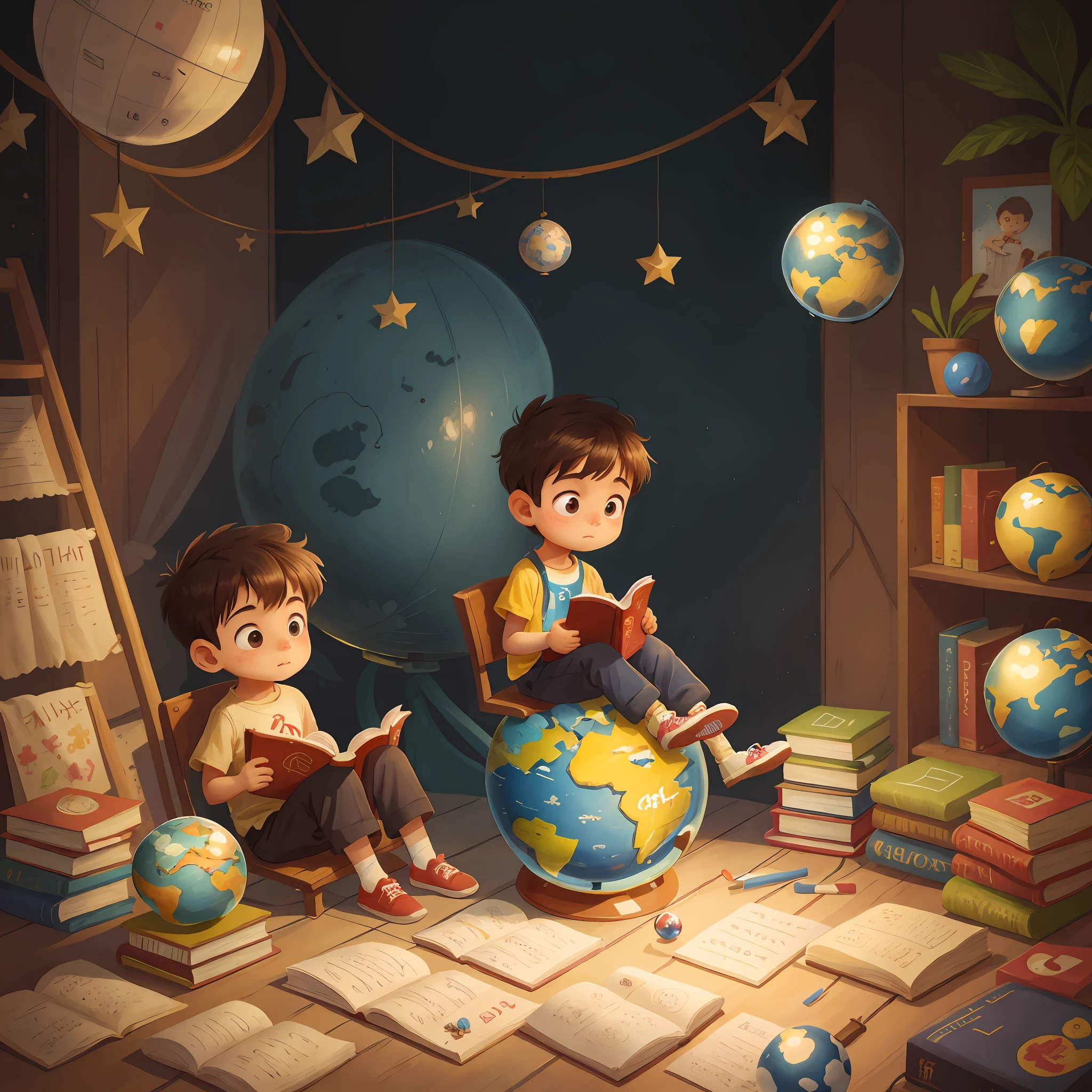 A little boy sits on the globe reading a book