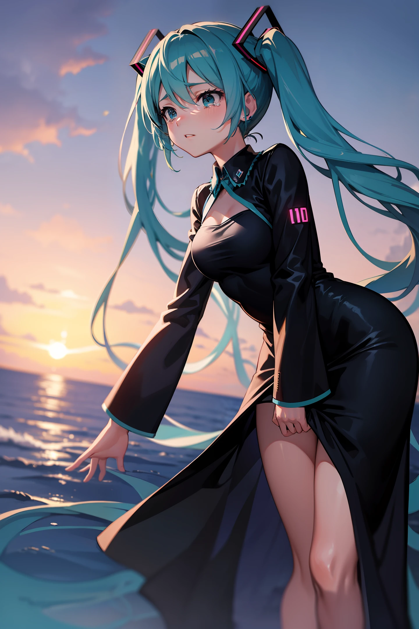 Hatsune Miku stands on the shore Beautiful masterpiece Black long dress Fat eyes with tears Striking large characters Very impactful Determined eyes