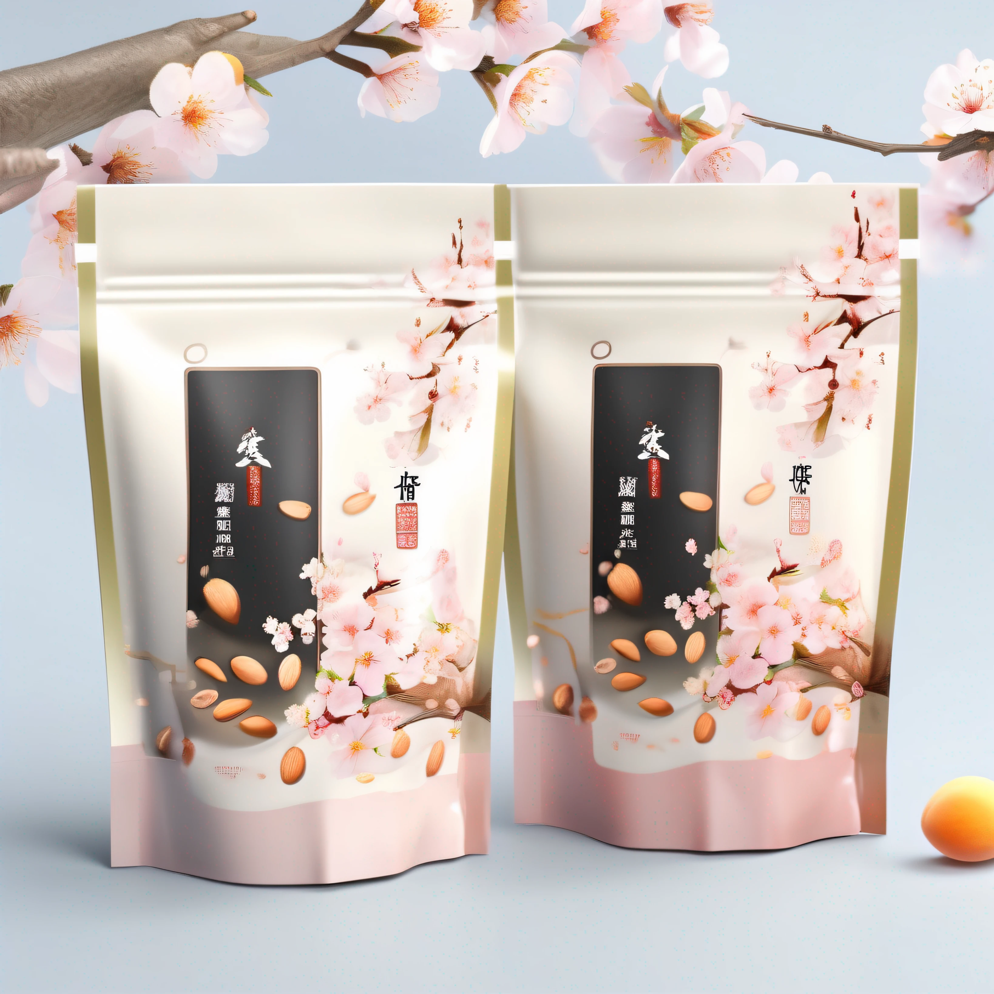 Design almond packaging,Plastic sealed bag packaging design,Rich in styles,colors full,A delicate display of blooming apricot blossoms,UHD,8K,OC rendering --ar 16:9 --q 2 --s 750 --v 5.1