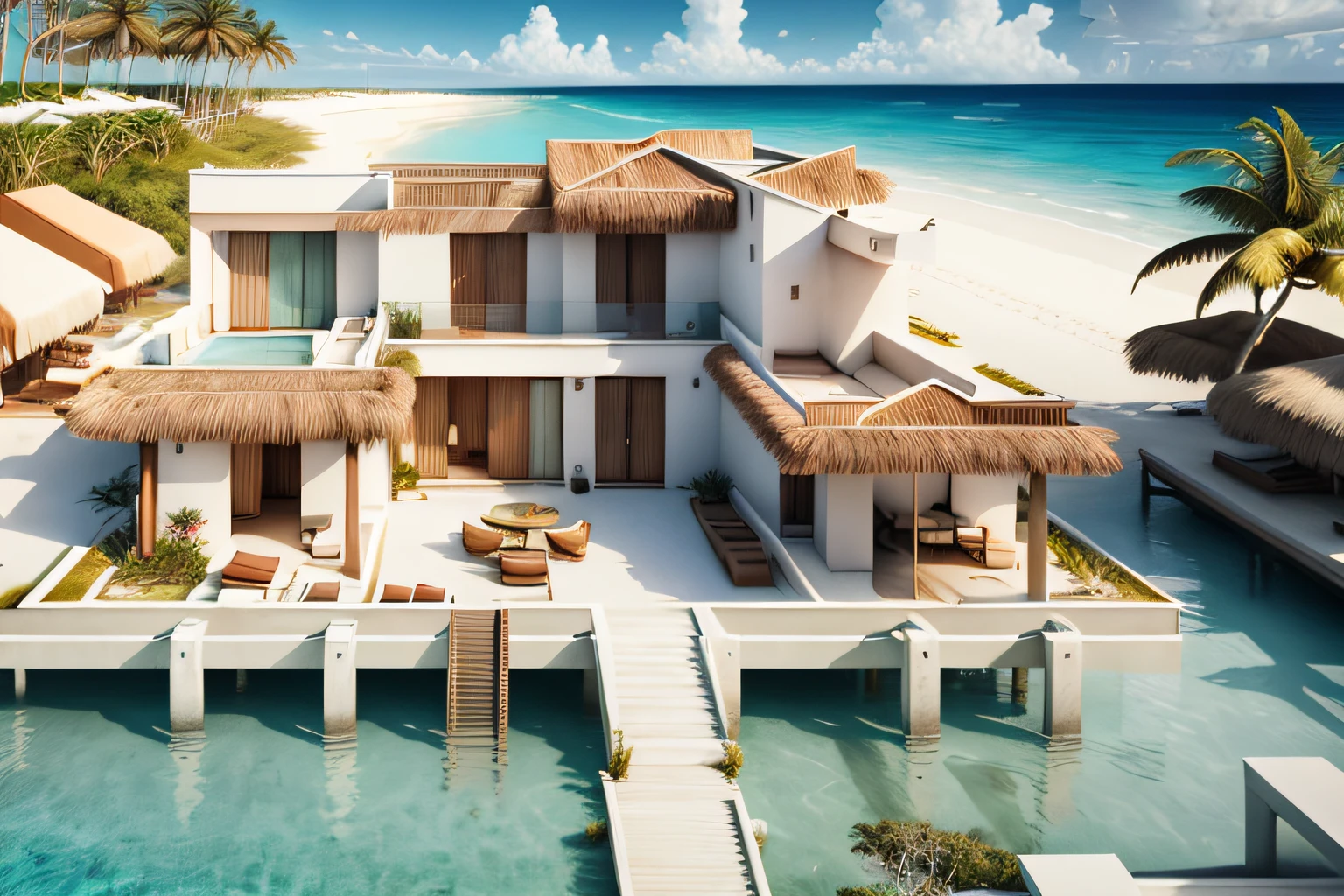 modern beach front luxury Caribbean villa style architecture, realistic, 8k, infinity pool, palm trees, clear waters