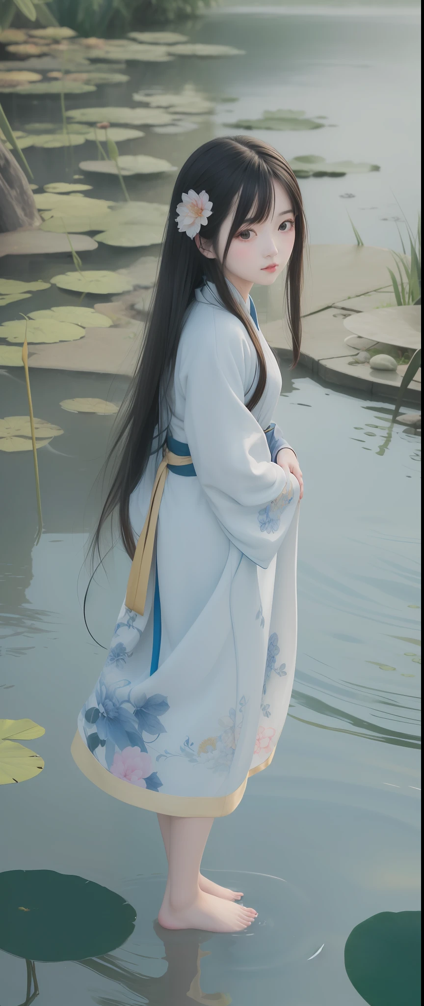 ((4k,masterpiece,best quality)), shuimobysim, Traditional chinese painting, lotuses, Hanfu, maxiskit,  1girl, solo, blue long hair, ssmile, standing on your feet, Feet in the water, The barefoot,