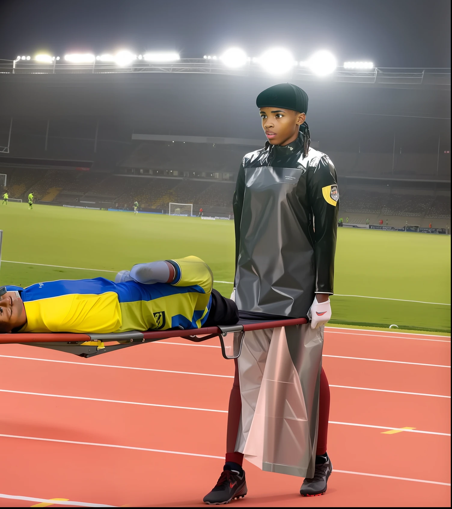 soccer, sports injury, seethrough plastic-apron, seethrough pvc-apron, butcher's apron, theatralic erotic action, intense erotic scene, erotic pose, a love scene, interracial loving action, erotic, an injured soccer-boy in matte cotton sportswear is rearing up in pain on a stretcher, an injured soccer-boy in matte cotton sportswear is rearing up in pain on a stretcher that is carried by his african girlfriend, there is an attractive african girl in a deep black high-shine biker-jacket, a terrified but attractive african girl is evacuating her injured soccer-boyfriend from a soccer field, an injured soccer-boy in matte cotton sportswear is rearing up in pain on a stretcher while he is evacuated from the field of play by his very attractive african girlfriend, an injured soccer-boy is crying in pain, an attractive african girl in a wet deep black shiny plastic-jacket is giving first aid, dramatic action scene, first aid, injury, pain, agony, helping woman, woman carrying a man, an attractive african girl in a black shiny biker- jacket, an attractive african girl in a wetlook shiny patent-leather-biker-jacket with lipstick and madeup smokey eyes, a consciousless german boy in a cotton shirt and a matte jeans, an attractive african girl with lots of makeup in a very shiny wet black biker-jacket, an attractive african girl is wearing a shiny bikerjacket, an attractive african girl with smokey eyes, an attractive madeup girl in shiny leather with lipstick, an attractiveafrican girl is carrying a german boy, a matte clothed injured boy, a shorthaired boy with cotton t-shirt, a shorthaired boy needs to be carried while wearing matte sportswear