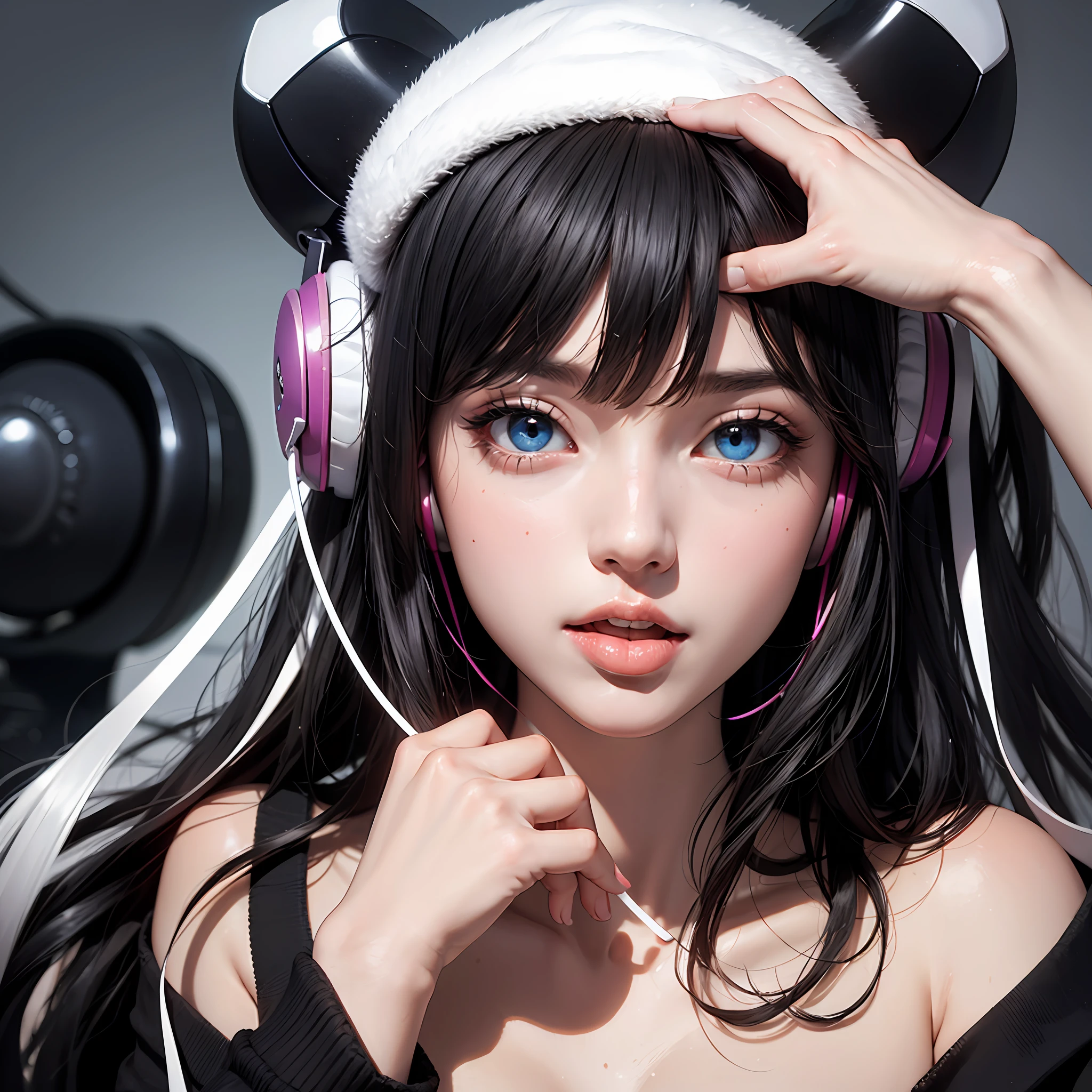 black hair, ribbon, headphones, gradient eyes, color contact lenses, makeup, licking lips, depth of field, from below, 8k, super detail --auto