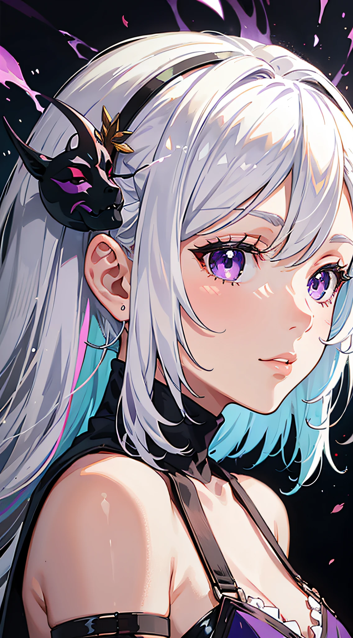 1girl, white hair, multicolored hair, purple eyes, mask on head, sidelighting, light particles, wallpaper,