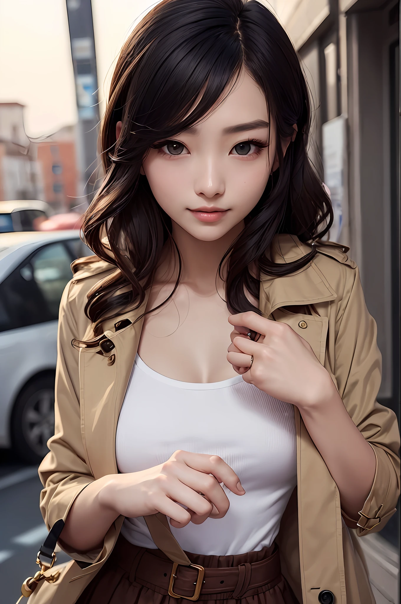 high quality fingers、Ordinary hands、Detailed finger、masterpiece、(realisitic、Photorealsitic:1.37)、(23-year-old woman)、Catalina from League of Legends、medium breasts、Small West、Black hair、Black eyes、beautiful countenance、Perfect litthing、beatiful detailed eyes、looking at the viewers、stunningly beautiful woman、detailed hairstyle、细致背景、Brown skirt、Black tie、trench coat、detective、(perspiring:1)