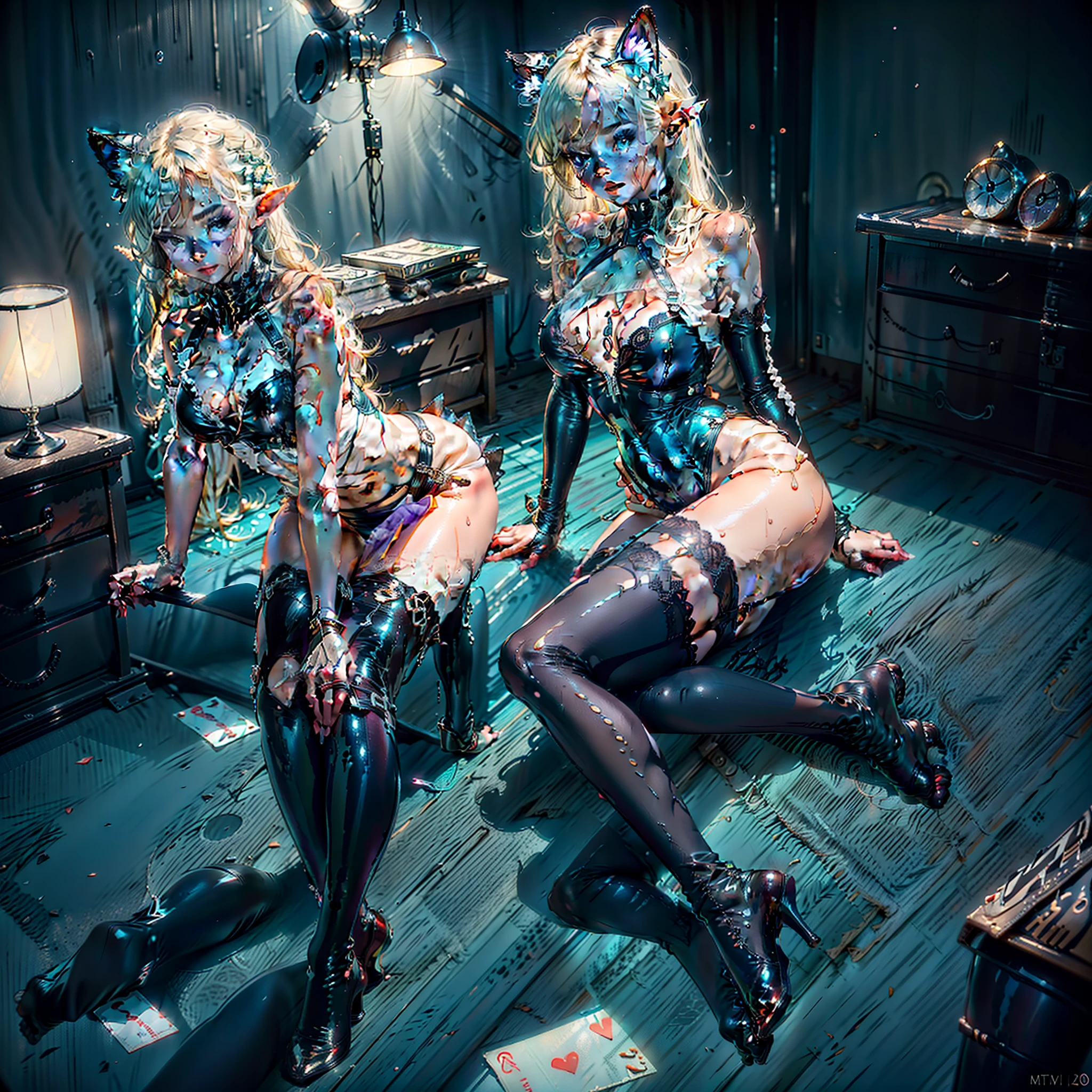 20 years old slim beauty cat ears hair card long hair long waist elf ears poker face bad smile fair skin lace long gloves breast patch room restraint latex panties long leg socks sitting on the ground bare soles wet M leg jade feet pregnancy high quality images NVIDIA ray tracing technology 8K resolution soft light all over wet