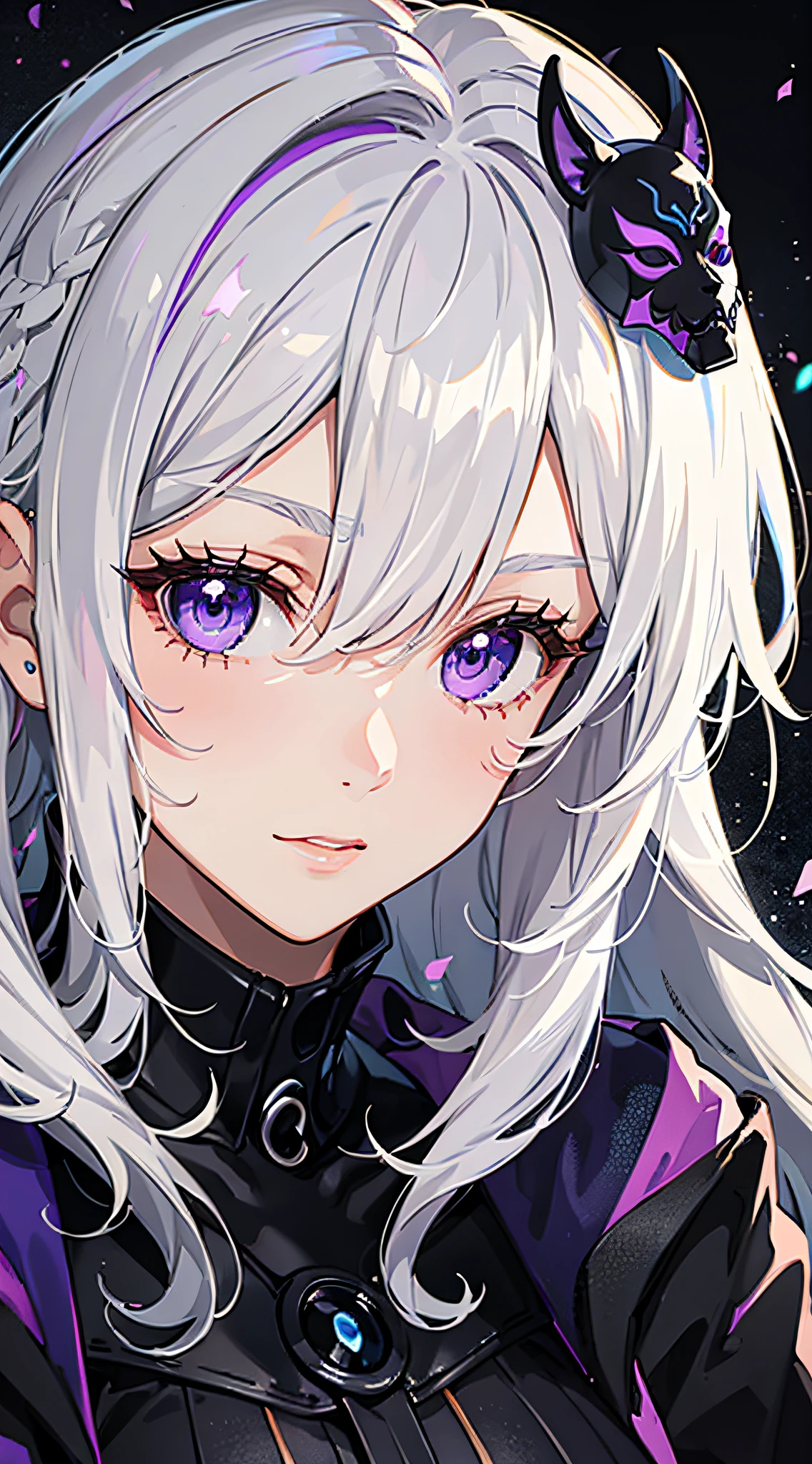 1girl, white hair, multicolored hair, purple eyes, mask on head, sidelighting, light particles, wallpaper,