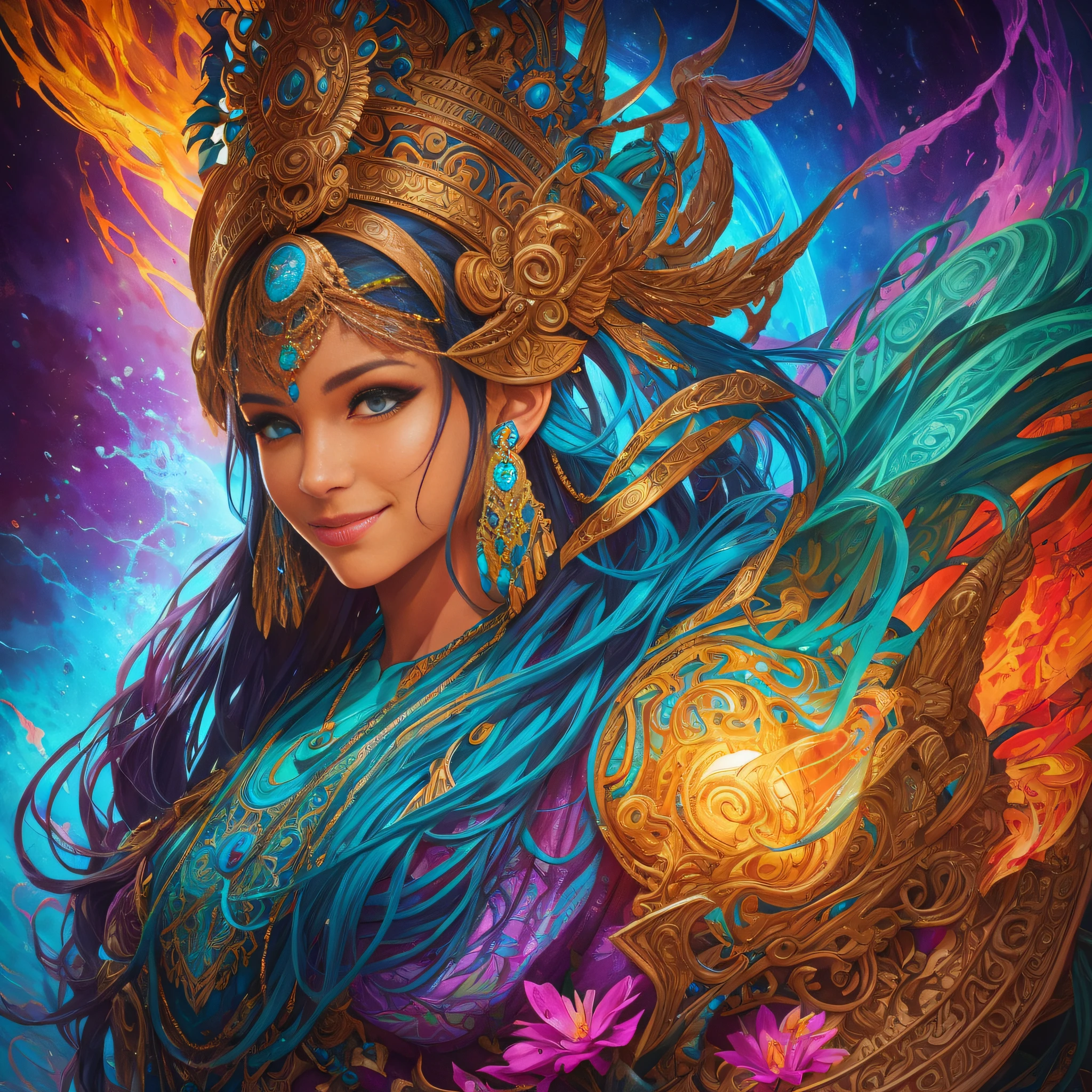 Mayan civilization)), ((archaeological site)), ((stela monuments)), glyph carvings, vibrant colors, jungle backdrop, ancient history, intricate details, temporal lobe activation. (( colorful girl, smiling, full body, she is very attractive and beautiful,)) sitting in a grass in a garden filled with vibrant flowers.  Astral Escape! Splash art, portrait of beautiful guatemalan woman , full body in underwear, StarCraft Inspired, epic, artstation, splash style of colorful paint, contour, hyperdetailed intricately detailed, fantasy, unreal engine, fantastical, intricate detail, splash screen, complementary colors, fantasy concept art, 16k resolution, deviantart masterpiece, oil painting, heavy strokes, paint dripping, splash arts, neon ambiance, muted colors, watercolor style, filigree detailed, rim lighting, magic, surreal, fantasy, ultra, realistic, sharp features, highly detailed, sharp focus, muted colors, perfect face, perfect eyes, perfect full lips, supple female form, vivid, cinematic, Film light, Hyper detailed, Hyper realistic, masterpiece, atmospheric, high resolution, vibrant, dynamic studio lighting, wlop, Glenn Brown, Carne Griffiths, Alex Ross, artgerm and james jean. --auto