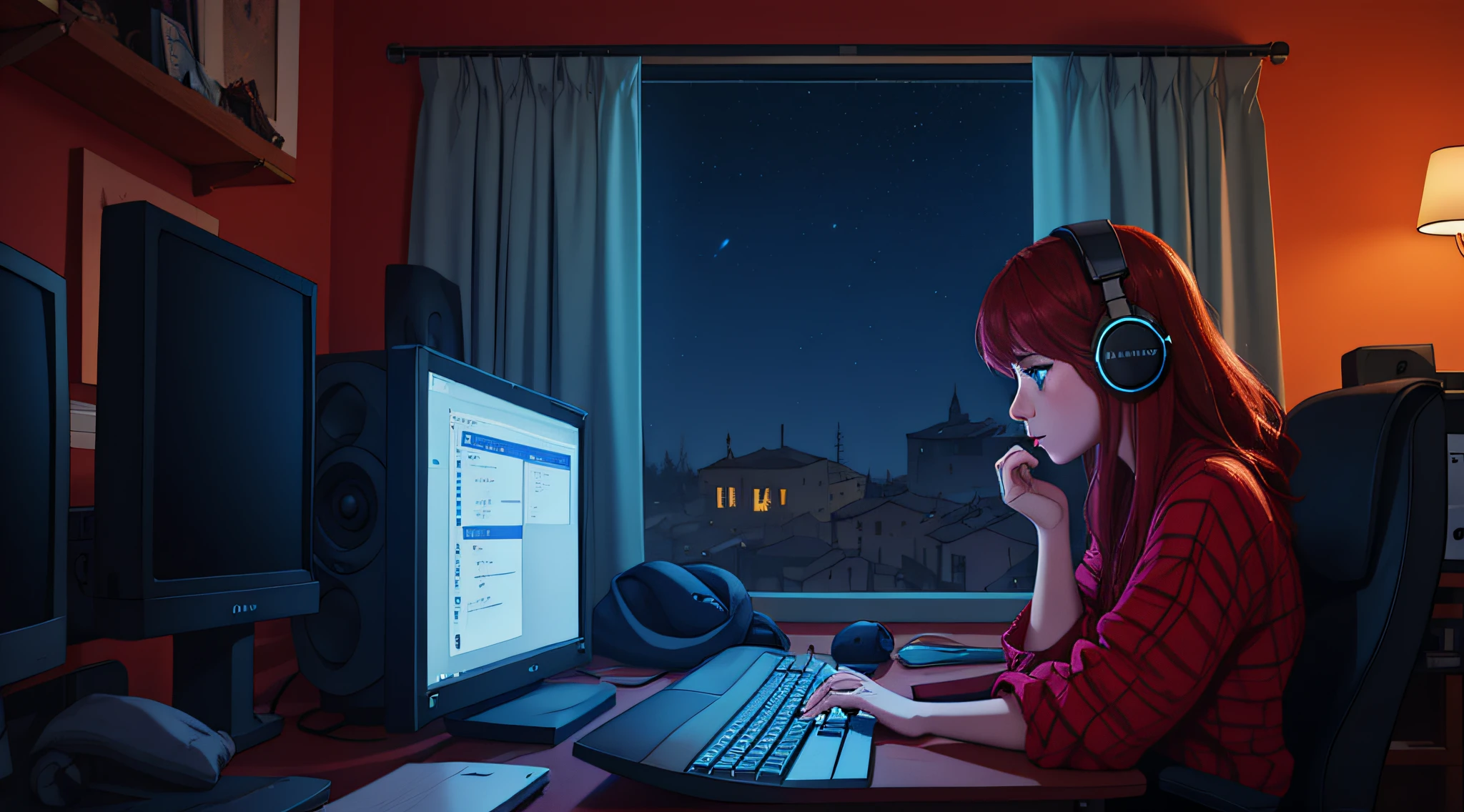 lofistudy, 1girl, from side, typing, redhead, blue eyes, chair, computer, headphones, indoors, keyboard_\(computer\), laptop, monitor, mouse_\(computer\), monitor, curtains, night, window, milan background