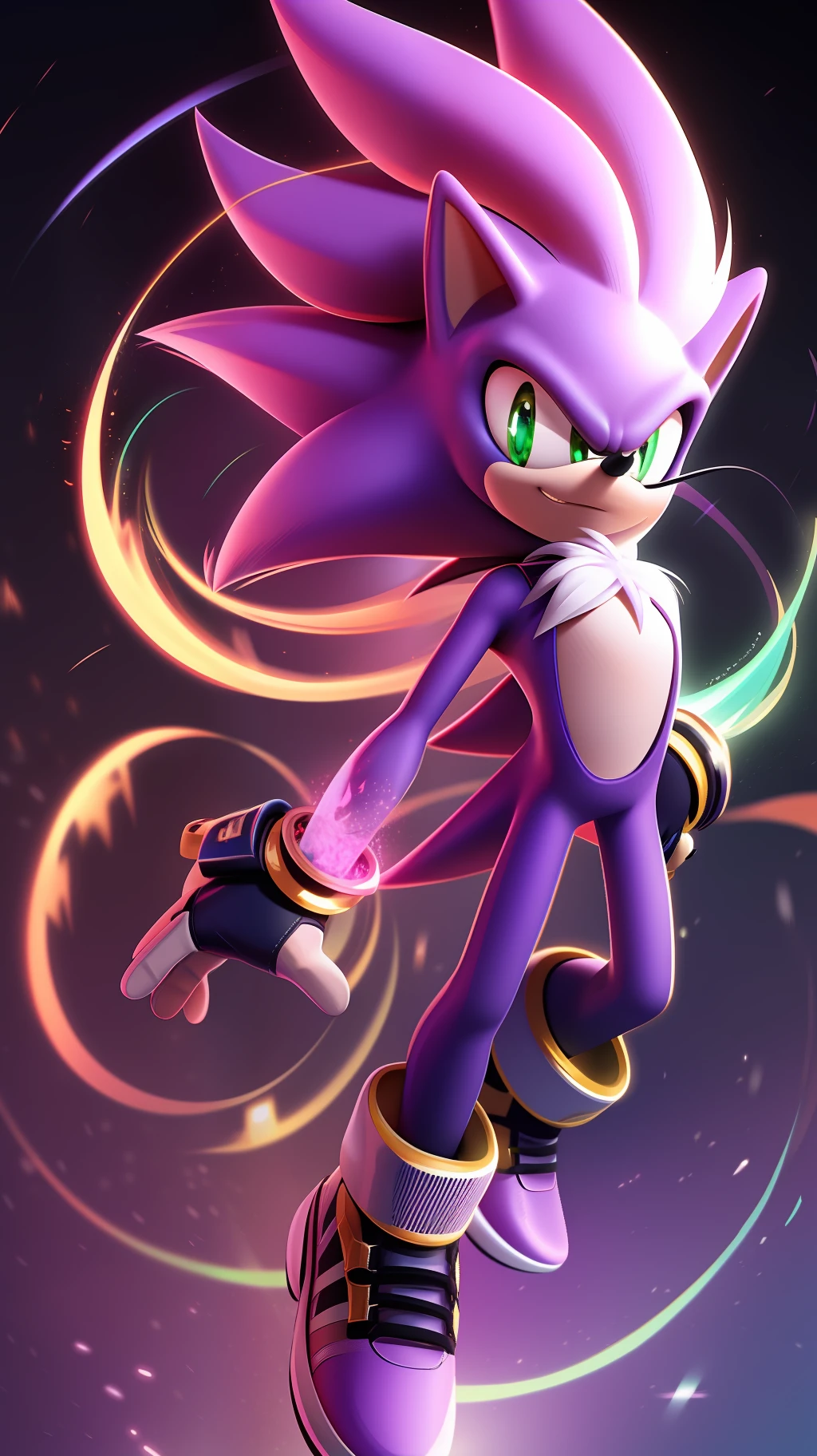 a hedgehog with a slender and athletic body, enveloped in an intense sky blue tone. Silvery details resembling lines of energy run through his body, adding a touch of ethereal beauty. His eyes glow with a piercing gold hue, radiating confidence and determination. Eclipse sports larger and sharper black spikes, reminiscent of Sonic's iconic style. His gloves and sneakers feature vibrant red accents, symbolizing the blazing fire he inherited from Blaze. With a mysterious aura and a combination of familiar elements from iconic characters in the Sonic universe, Eclipse captivates with his enigmatic presence