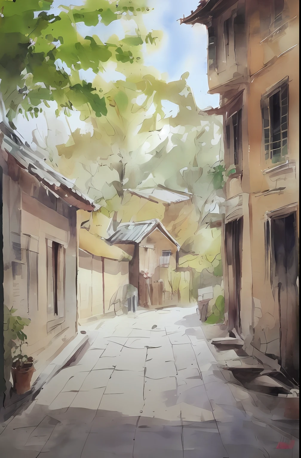 watercolor paiting，Chinese rural residential path，the trees，shining sun，tree shade，Vineman on the wall