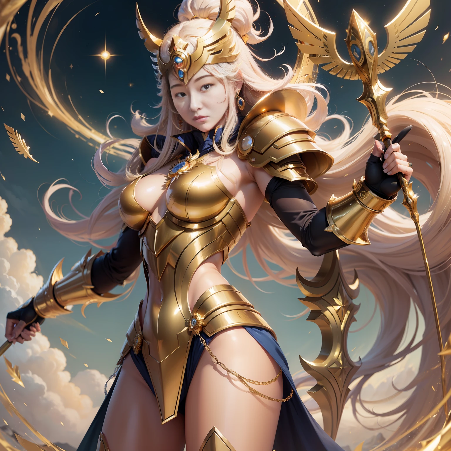 ((Painting style:Golden Zodiac Saint Seiya,The subject:Guard Athena)), Beautiful picture quality, The style highlights Sagittarius, Oversized pupils, Emphasize lashes and eyeshadow.