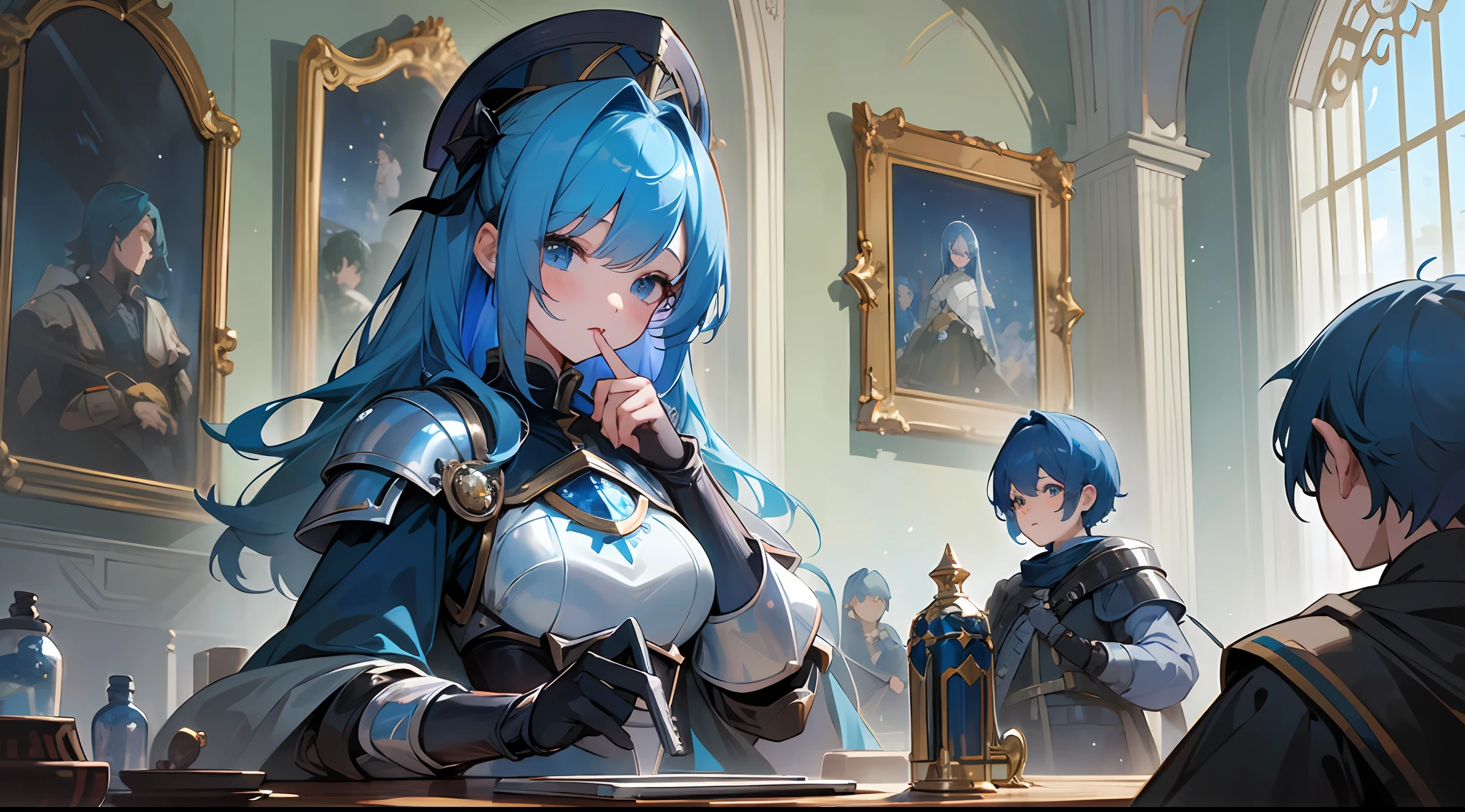 Top quality, detail, 8K, 4K, high resolution, Detailed, blue-haired knight girl, Upper body is shown, With magnifying glass, In the universe, ((A few girls, Several boys)), characters of various colors, (Fantasy world), Dark night,