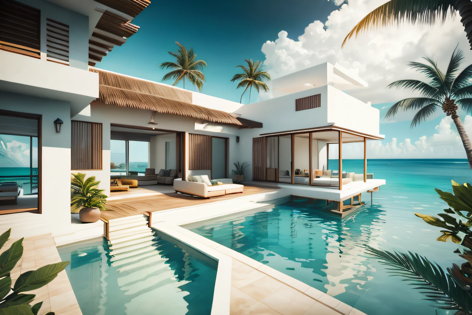 modern beach front luxury Caribbean villa style architecture, realistic, 8k, infinity pool, palm trees, clear waters