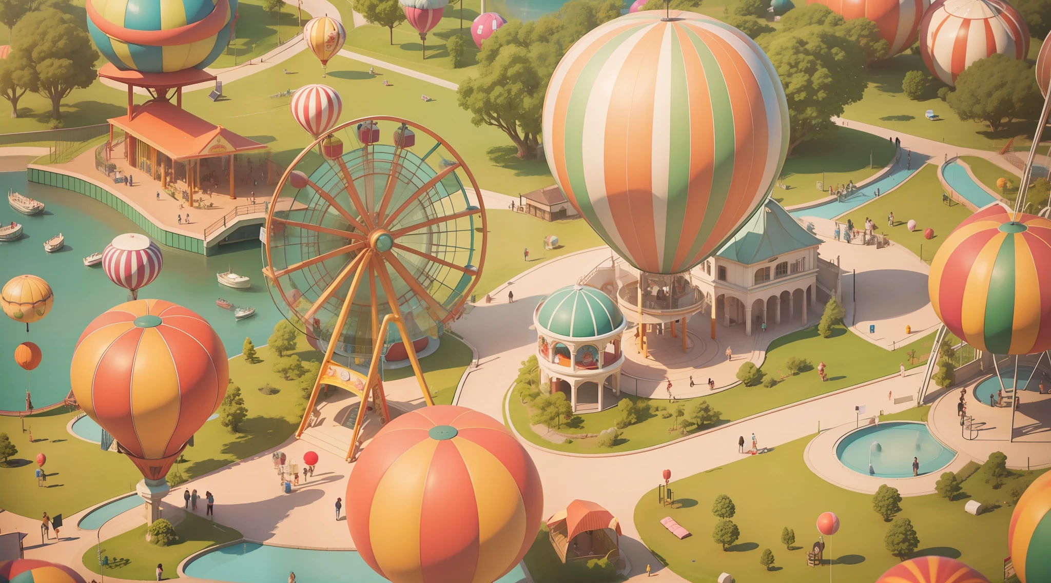 Ferris wheel, roller coaster, carousel, lots of air balloons, playground, seaside, greenery, people come and go, have fun