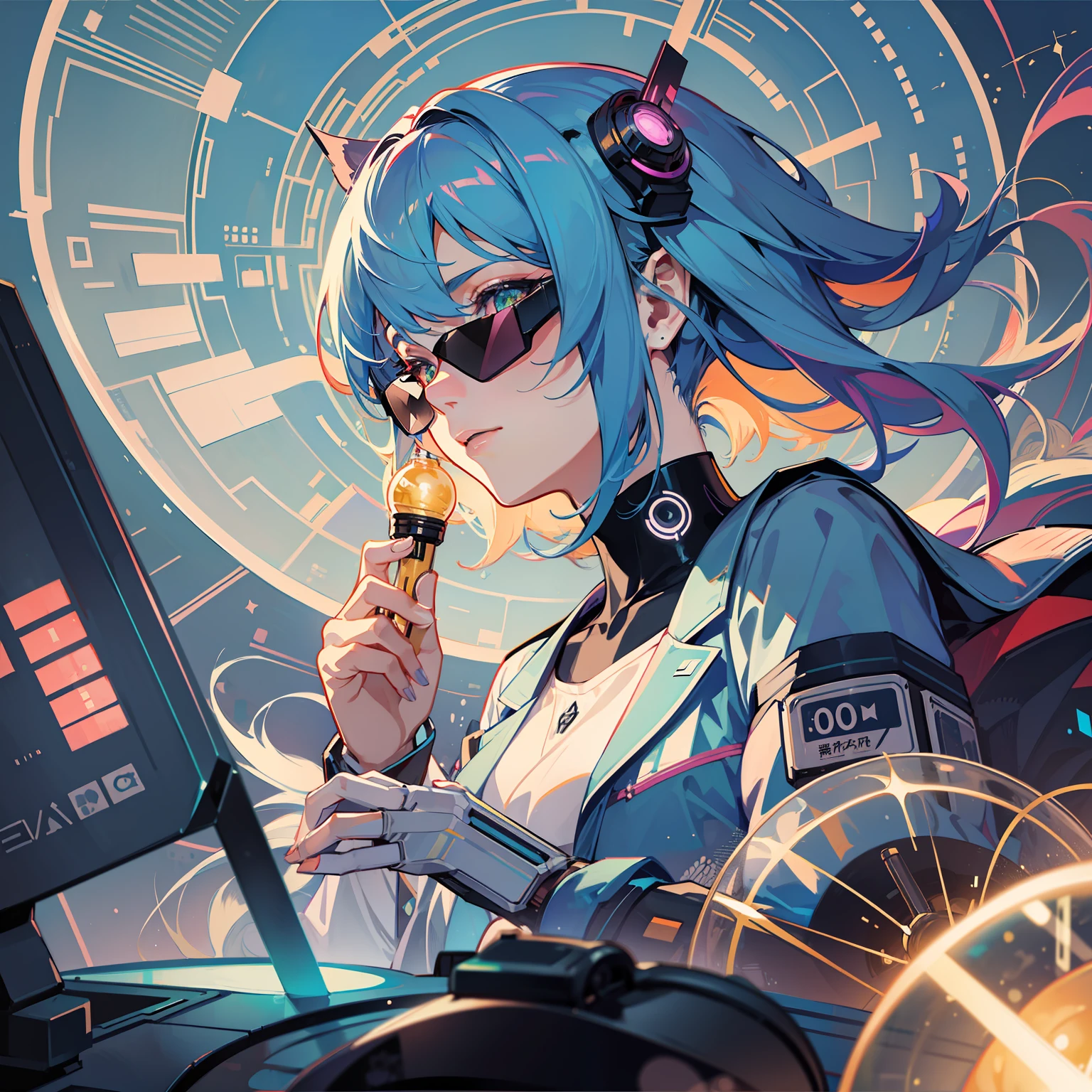 （（tmasterpiece））， （（ultra - detailed））， （（best qualtiy））， 美丽细致的眼睛， Detailed face， The best lighting， The best shades， 1 rapariga，独奏， （（cyber punk style， edge lit， machine arm，Hologram aura，Surreal Science Fiction Art，Future Science Fiction Aesthetics，Flat 2D style））， （（The main colors are purple and green））， Huge light bulb， （Girl inside the screen：1.5），Mobile Paradise，Orange bulb，A world made up of mobile phones，Gamepad，VR glasses，Virtual screen， freckle， Cold nose， （（（Buble）））， illustration，japanese inspired， （highly  detailed）， Whirlpool effect，voluminous hair