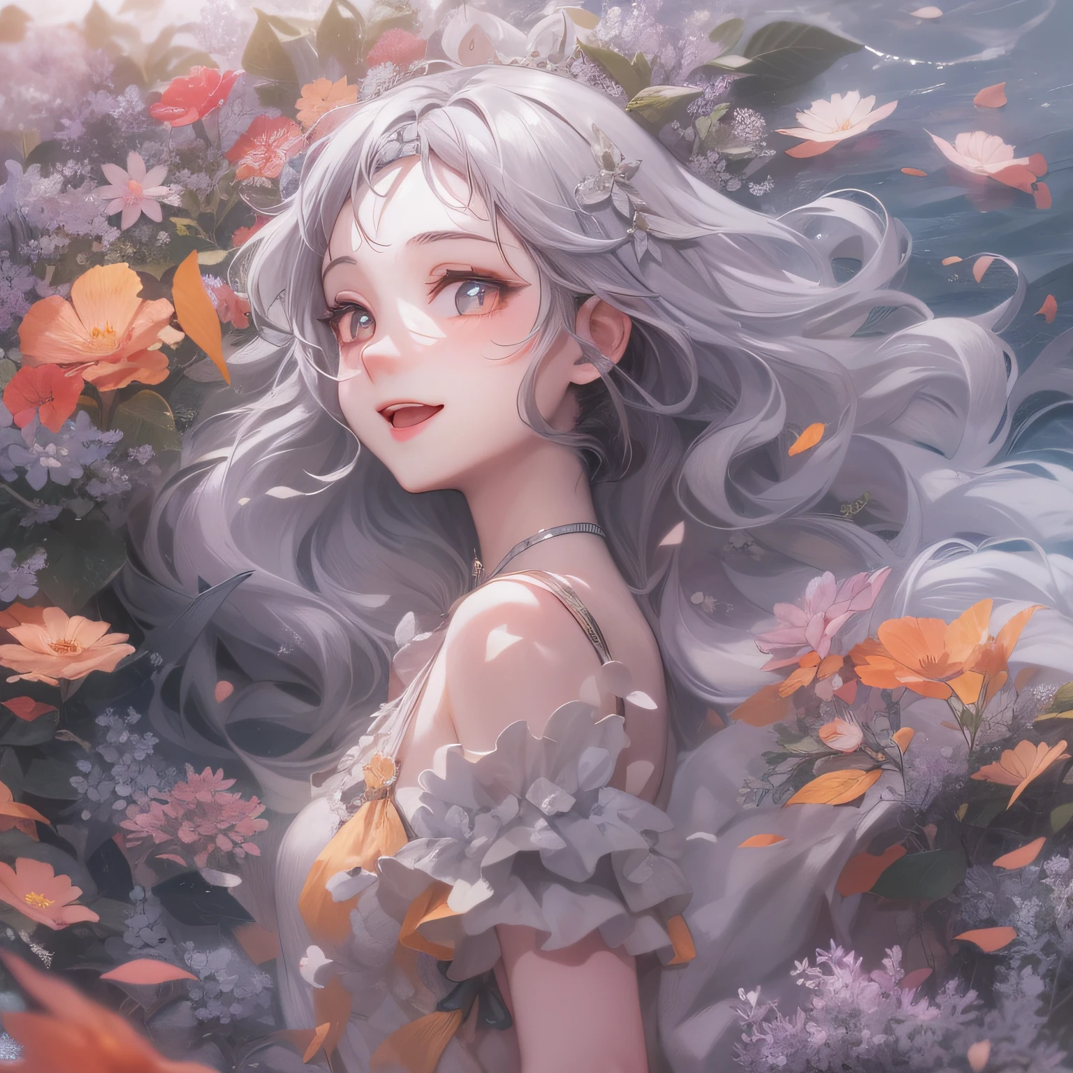 high-definition picture quality，Illustration style，The upper part of the body，one-girl，Purple pupils sparkle like gems，Coral pink little floral dress，Flowing gray hair，Smiling，Have by the sea。