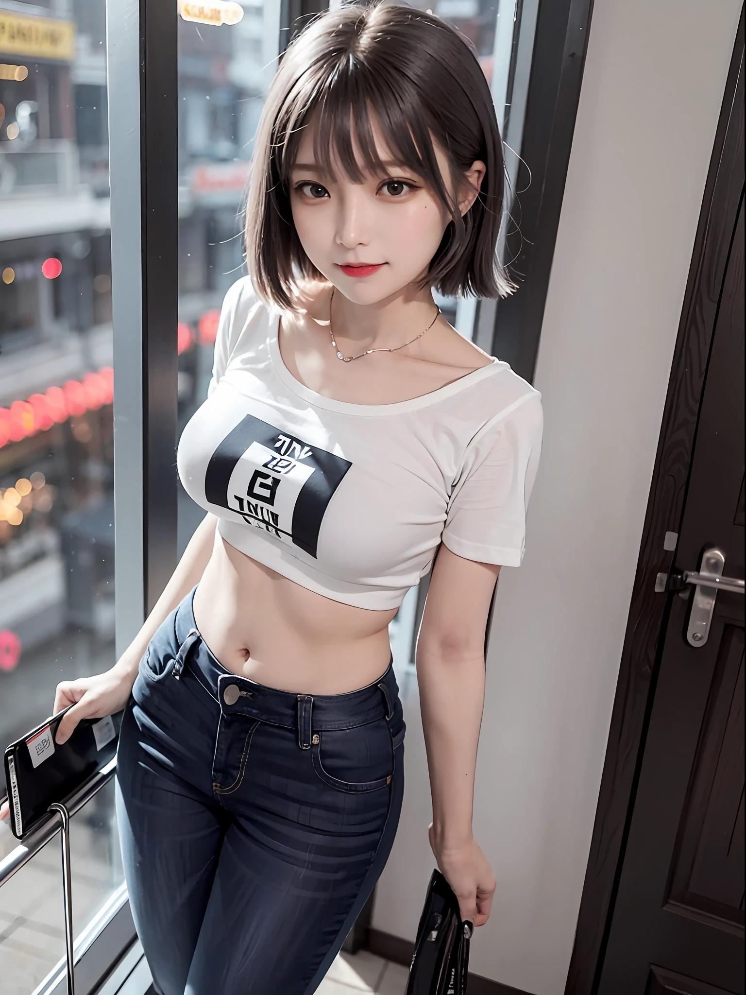 top-quality、1girl in,Korea person、Narrow-eyed、A dark-haired、Shorthair、A smile、a small face、White T-shirt、huge tit:1.1,Open chest、Putting out the navel、Constriction:1.2、Black skinny pants、skinny thigh:1.2、View here、Angle from diagonally above、Standing position、natta、Multi-tenant buildings without people、Dim lighting、Background blur