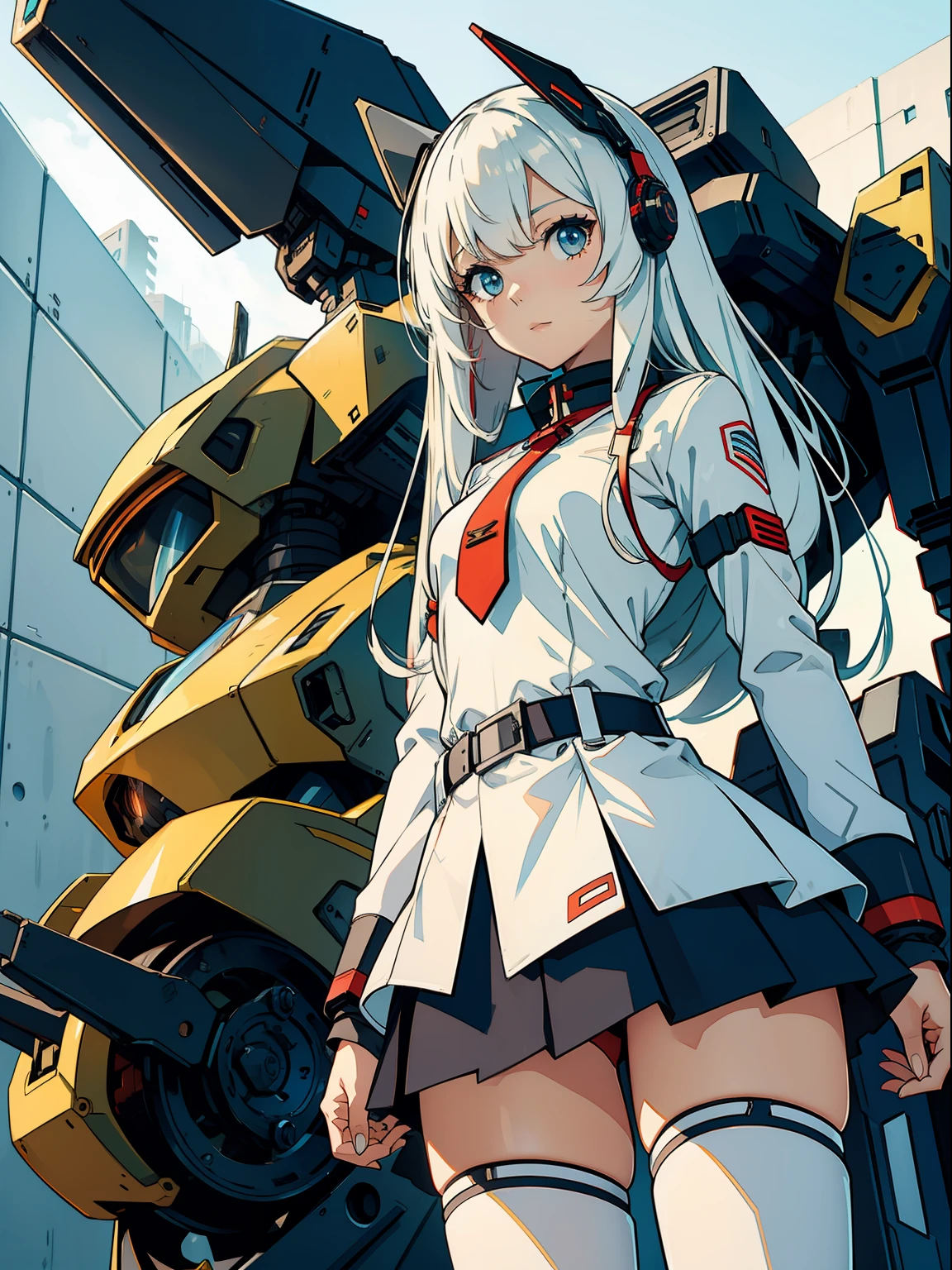 mecha-girl，long whitr hair，short  skirt