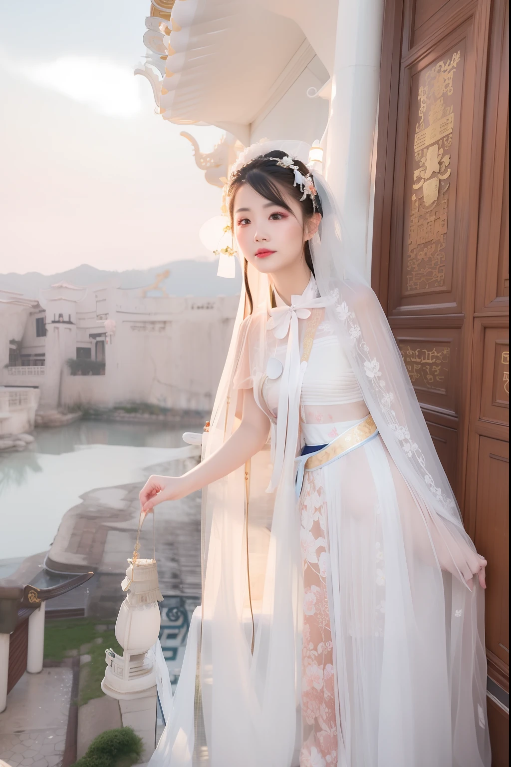 In the doorway stood a woman in a wedding dress, Palace ， A girl in Hanfu, White Hanfu, Chinese costume, traditional tai costume, traditionalcostumes, Traditional Chinese clothing, with acient chinese clothes, ao dai, Chinese dress, white transparent veil, traditional garb, traditionalcostumes, shaxi, Wearing a luxurious silk cloak, Hanfu, Yan