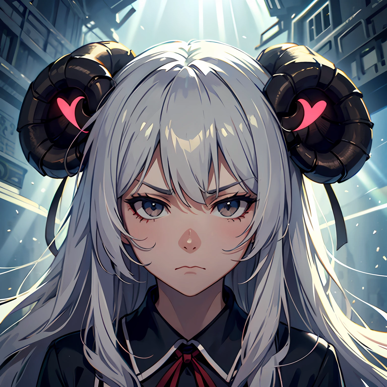 grey hair, ribbon, empty eyes, sheep ears, frown, scowl, cinematic lighting, god rays, first-person view --auto