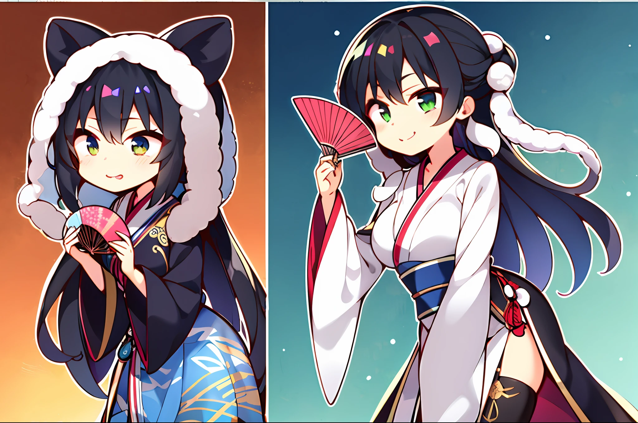 tmasterpiece， Best quality at best， 1girll， 独奏， tchibi， full bodyesbian，Q version， Hanfu，folding fan， jewely， long whitr hair， looking at viewert， mediuml breasts，  exteriors， Black hair， ssmile， 独奏， Wide sleeves， dynamicposes，