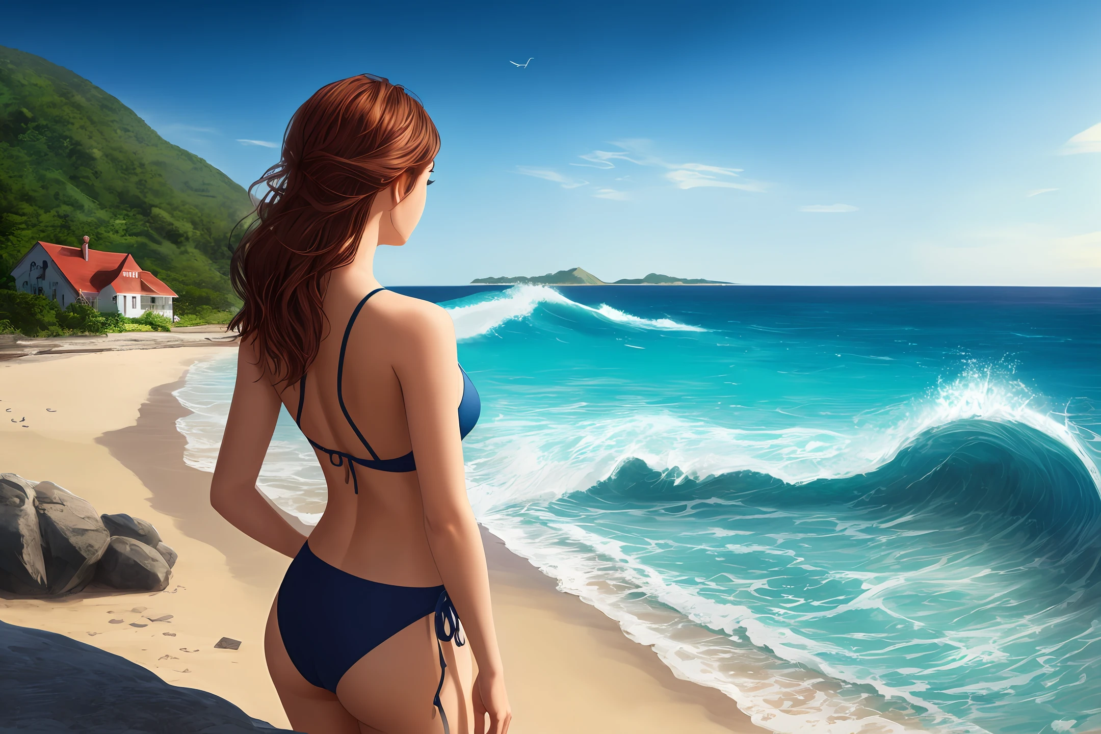 sea beach,the sea,wave,swim wears,Beautuful Women,Faraway view,Realistic style,4k,Seaside cottage