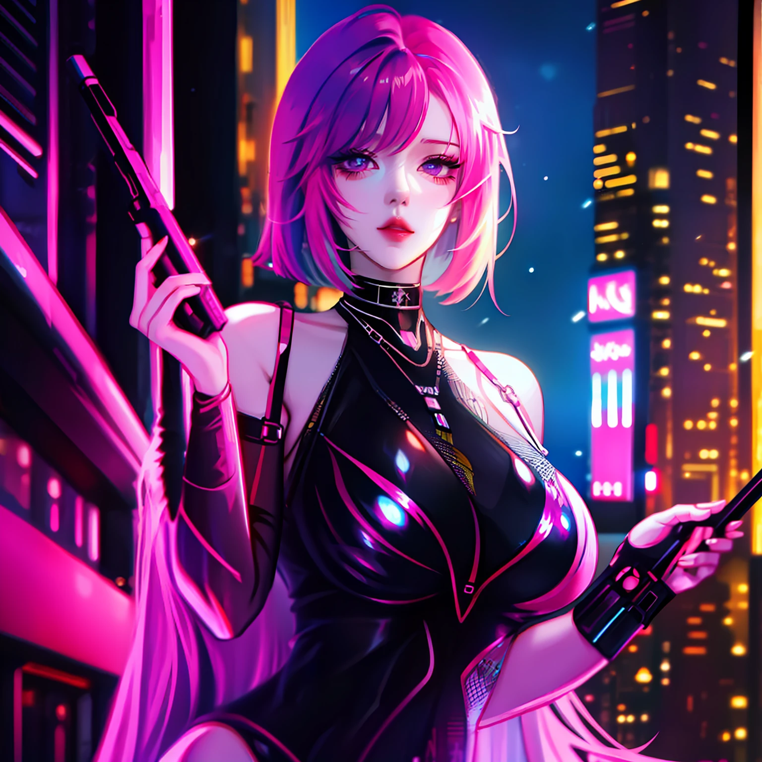 style of anime,Cyberpunk woman standing under a neon city with weapon in hand,Luminous design,rich colours,The kinky is exposed,Naked,cute big breasts,romanticism lain,Brilliant,Neon City at night
