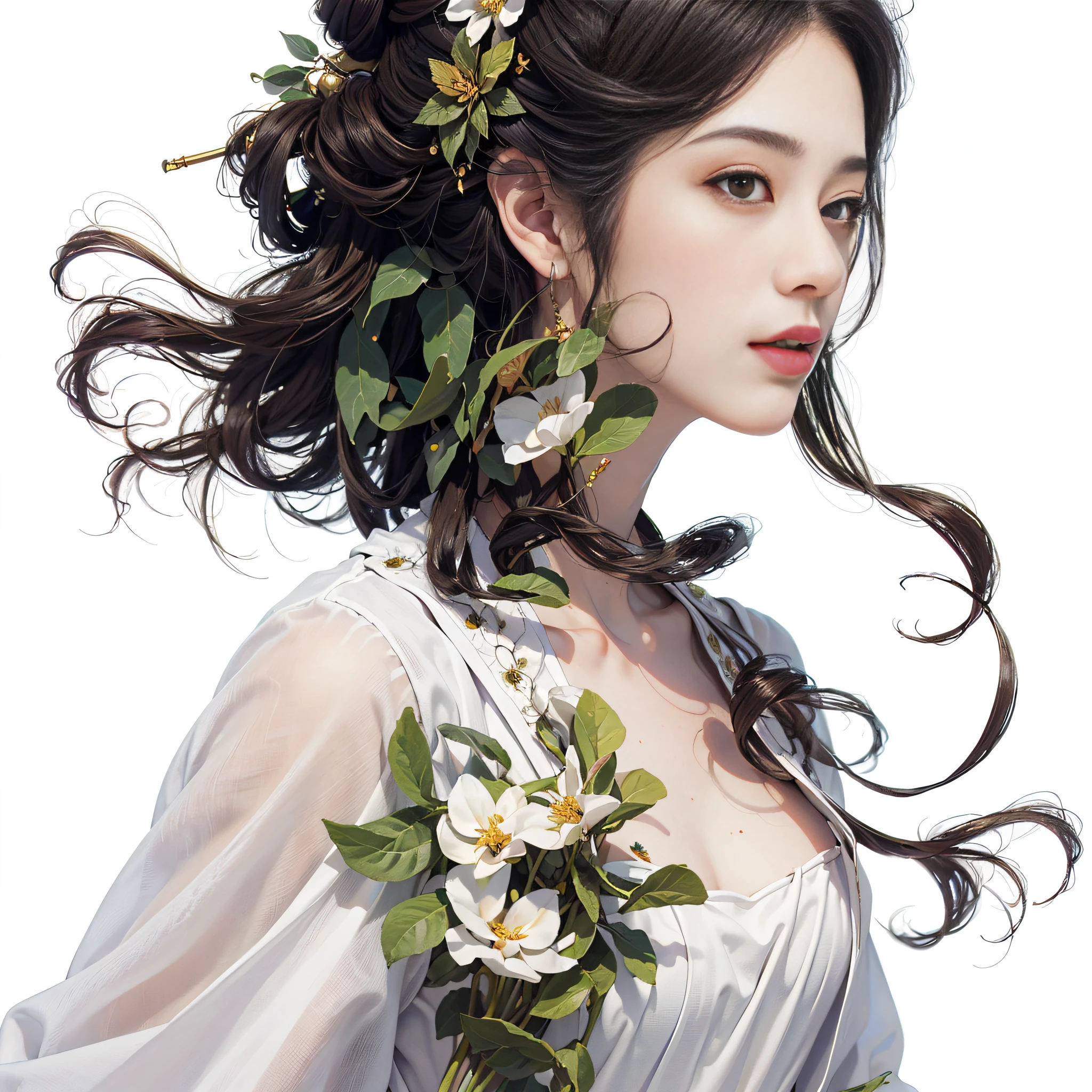 masterpiece,best quality,ultra-detailed,realistic,extremely detailed CG unity 8K wallpaper,upper body,fantacy,1 girl,flower open dress,Flowers grow on the body,(white background:1.5),Close - up shots,Aesthetic style