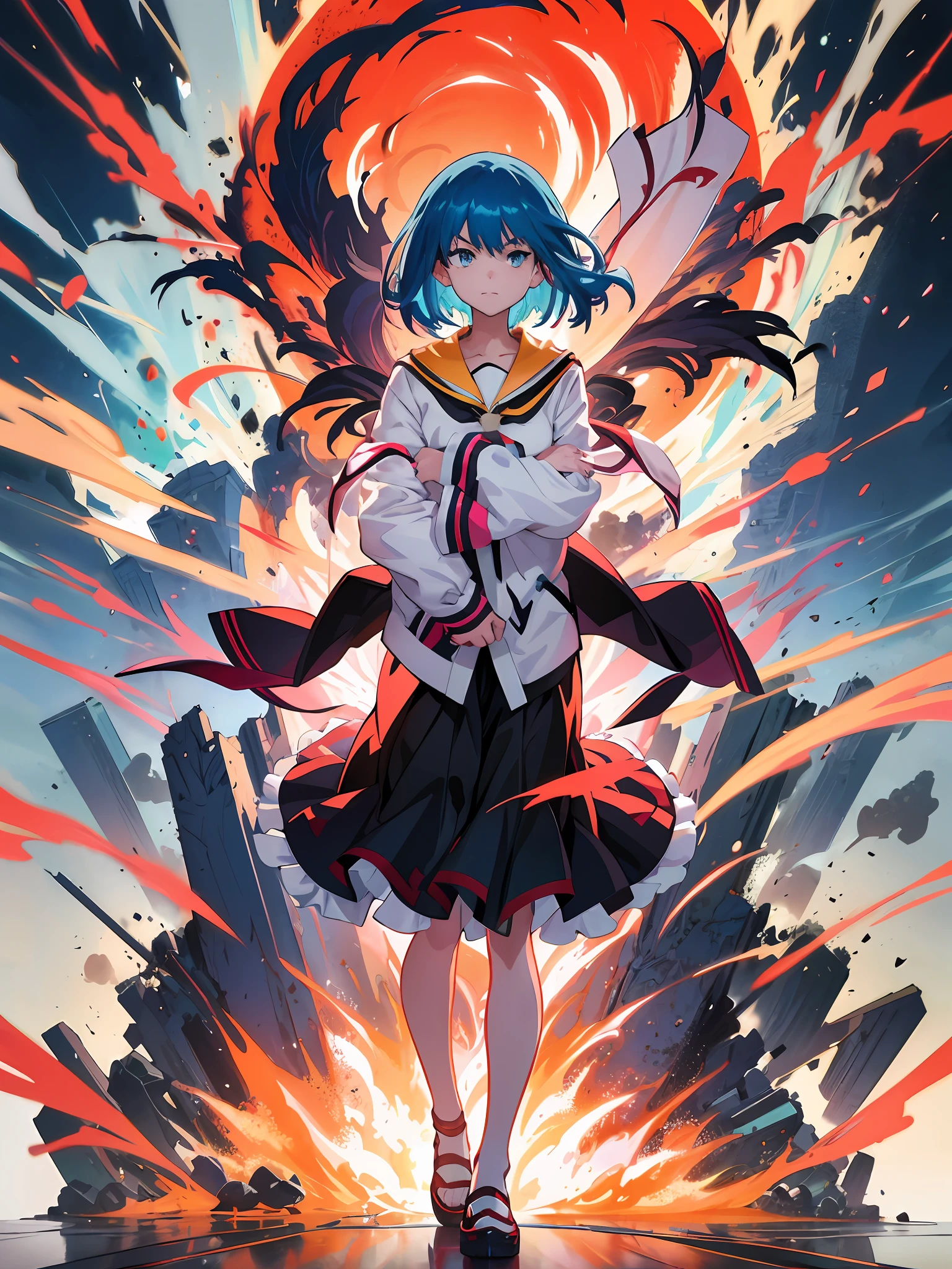 Anime - Style artwork of a woman standing in front of a huge explosion, touhou project official artwork, Kill Pull Kill illustration, Official anime artwork, Official artwork, ufotable art style, kill la kill, style of ssss.gridman (2018), style of anime4 K, vermillion and cyan, anime key art, ryuko matoi